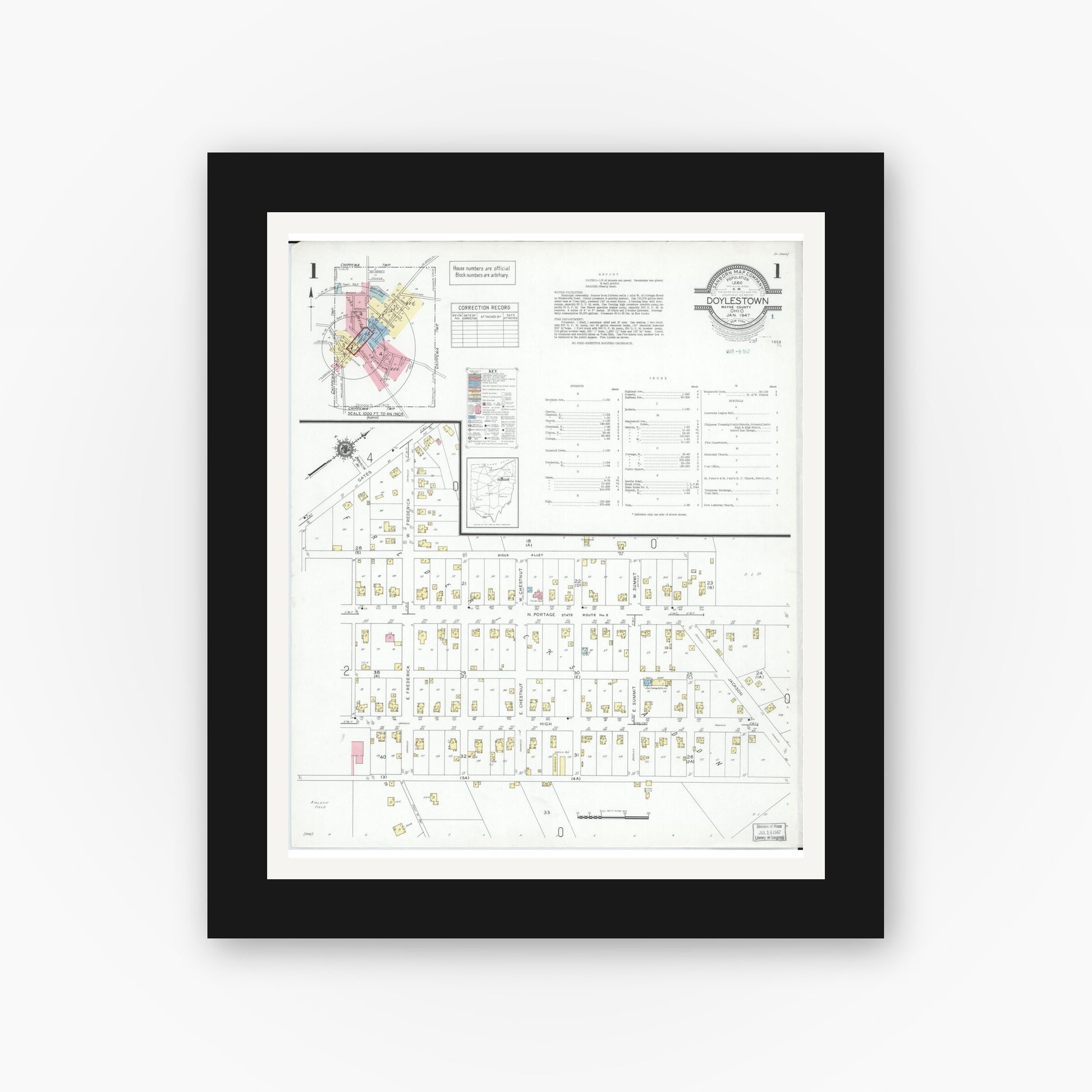 Old map wall art mockup — black gallery frame with white mat — Sanborn Fire Insurance Map from Doylestown, Wayne County, Ohio (1947) - Complete Map Set