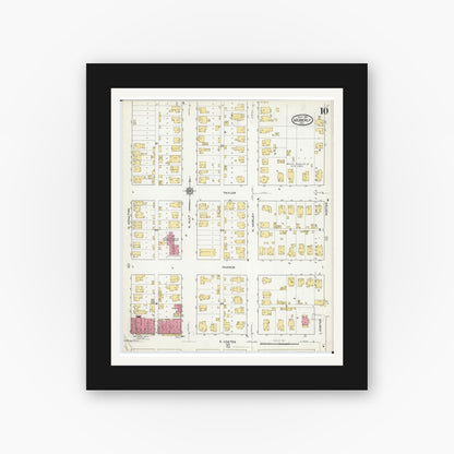 Old map wall art mockup — black gallery frame with white mat — Sanborn Fire Insurance Map from Moberly, Randolph County, Missouri (1916), Sheet #0010