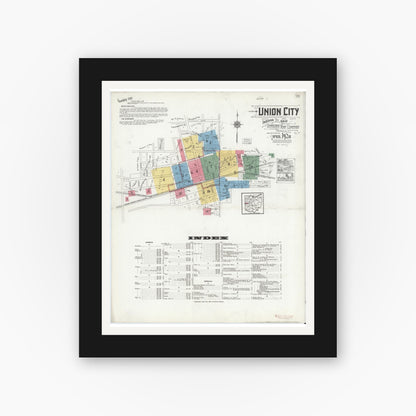 Old map wall art mockup — black gallery frame with white mat — Sanborn Fire Insurance Map from Union City, Randolph County, Indiana (1920) - Complete Map Set