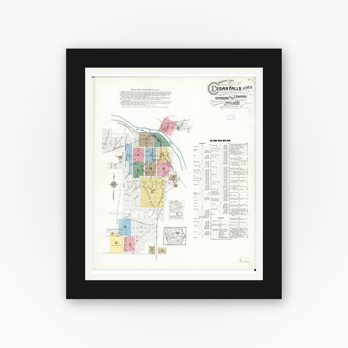 Old map wall art mockup — black gallery frame with white mat — Sanborn Fire Insurance Map from Cedar Falls, Black Hawk County, Iowa (1916) â€” Complete Set