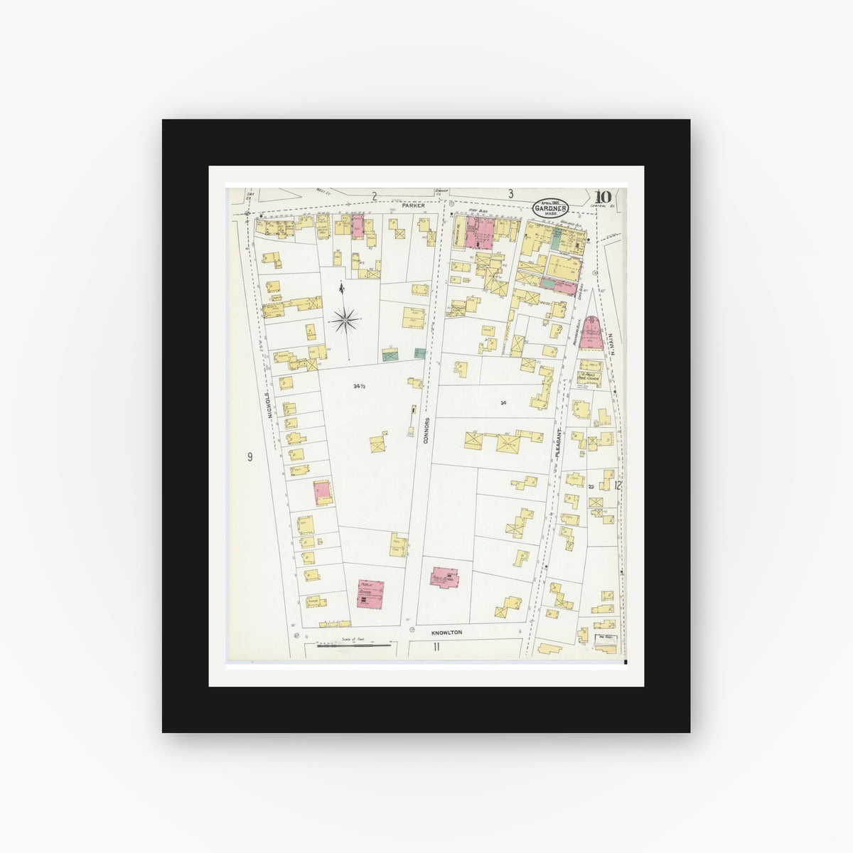 Old map wall art mockup — black gallery frame with white mat — Sanborn Fire Insurance Map from Gardner, Worcester County, Massachusetts (1905), Sheet #0010