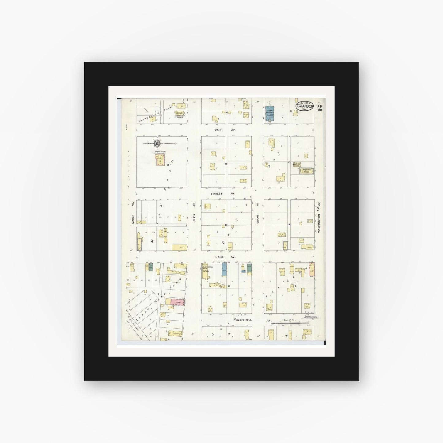 Old map wall art mockup — black gallery frame with white mat — Sanborn Fire Insurance Map from Crandon, Forest County, Wisconsin (1909), Sheet #0002