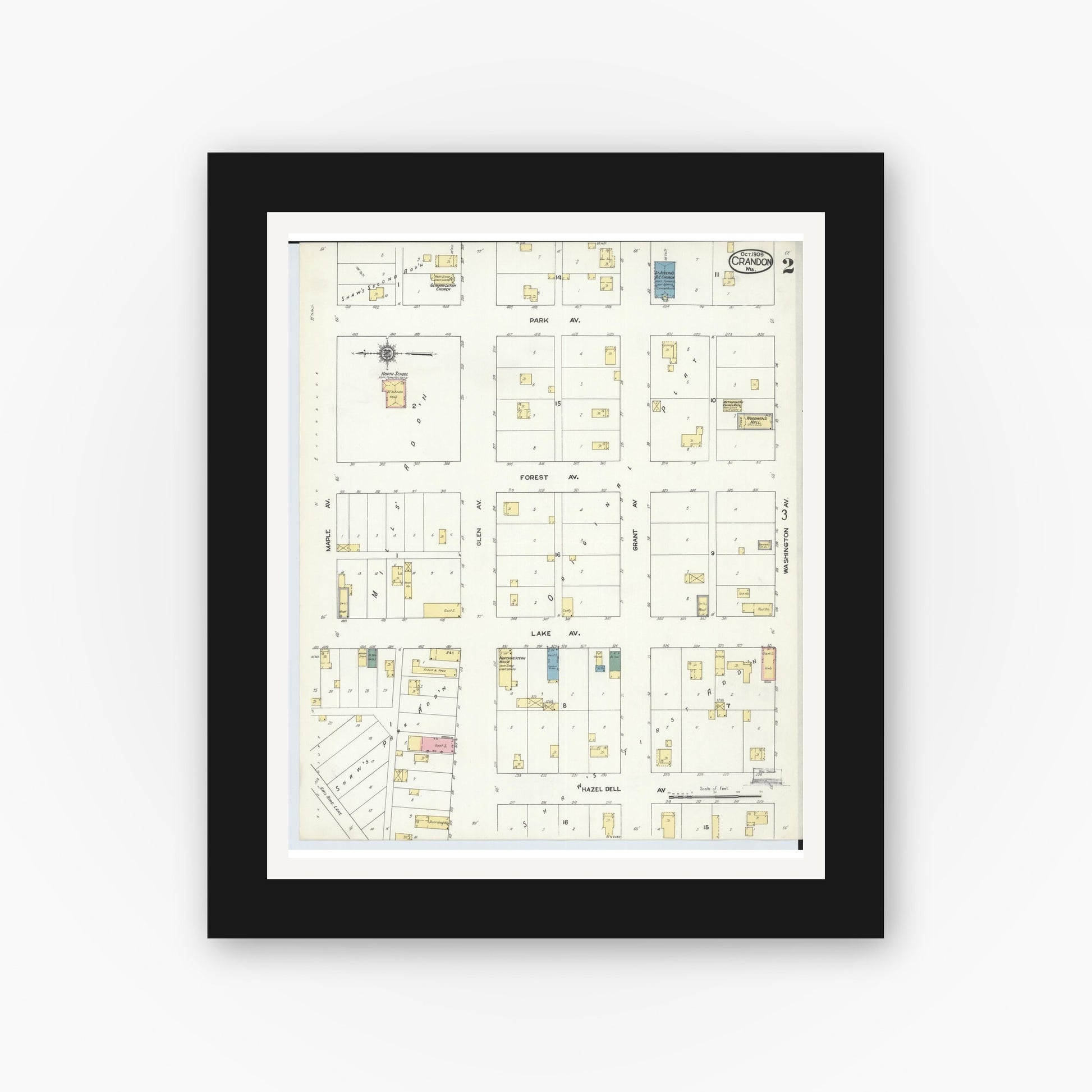 Old map wall art mockup — black gallery frame with white mat — Sanborn Fire Insurance Map from Crandon, Forest County, Wisconsin (1909), Sheet #0002