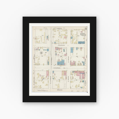 Old map wall art mockup — black gallery frame with white mat — Sanborn Fire Insurance Map from Austin, Travis County, Texas (1885), Sheet #0005