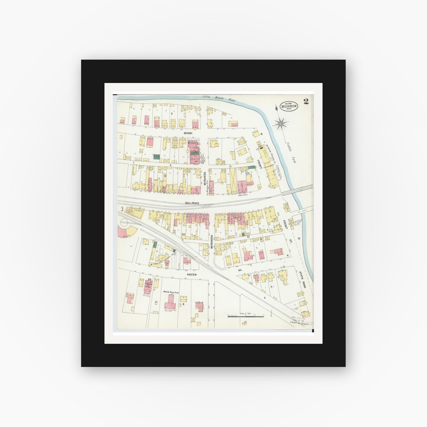 Old map wall art mockup — black gallery frame with white mat — Sanborn Fire Insurance Map from Morrow, Warren County, Ohio (1901), Sheet #0002