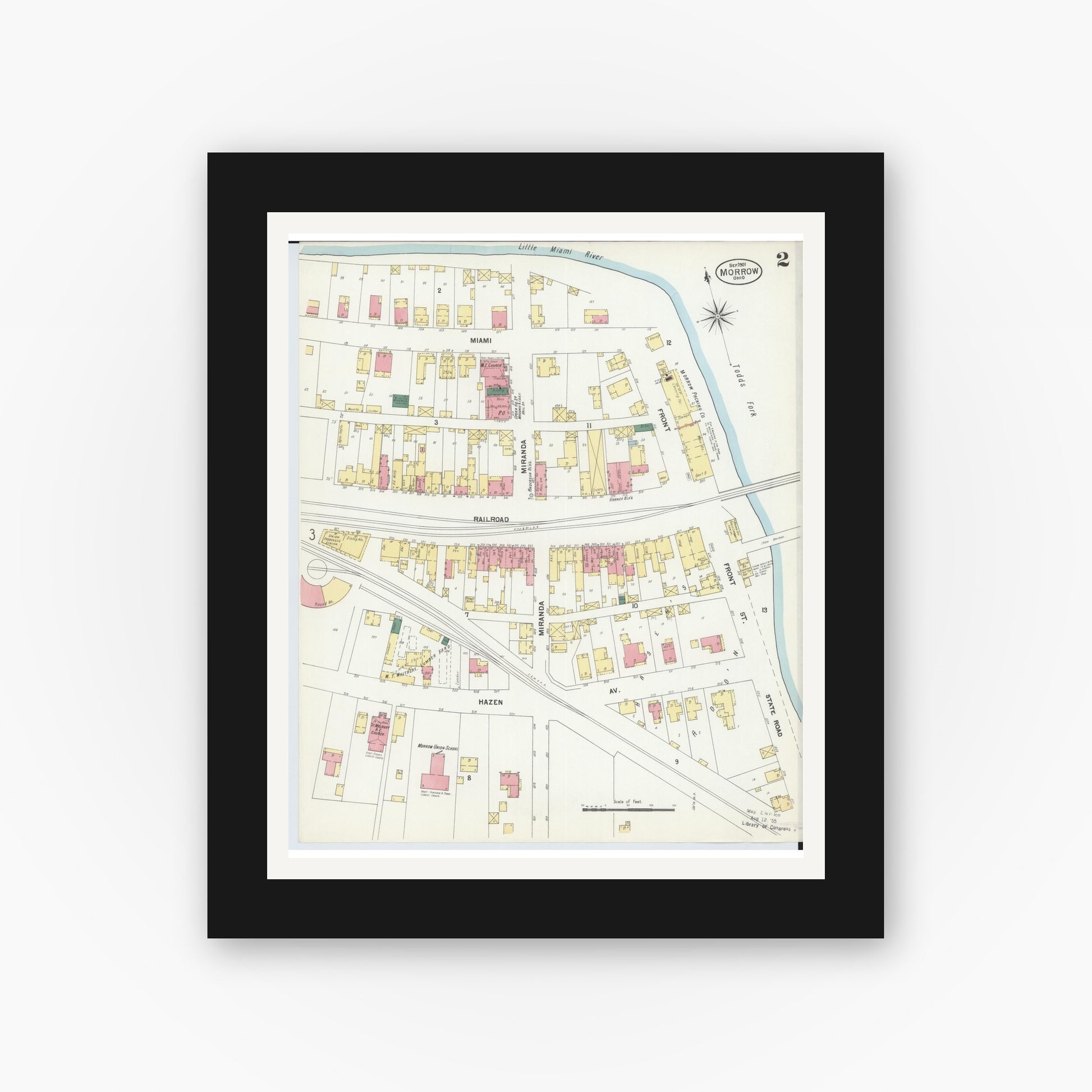 Old map wall art mockup — black gallery frame with white mat — Sanborn Fire Insurance Map from Morrow, Warren County, Ohio (1901), Sheet #0002