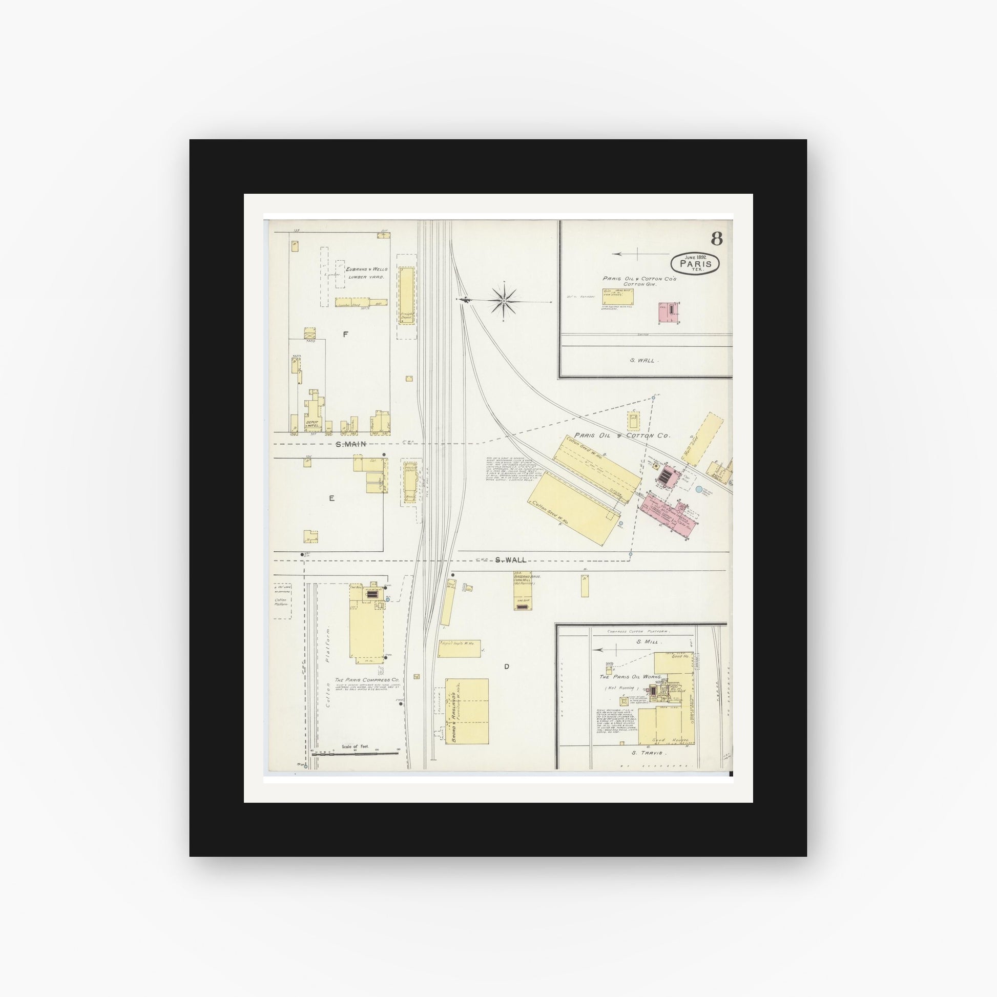 Old map wall art mockup — black gallery frame with white mat — Sanborn Fire Insurance Map from Paris, Lamar County, Texas (1892), Sheet #0008