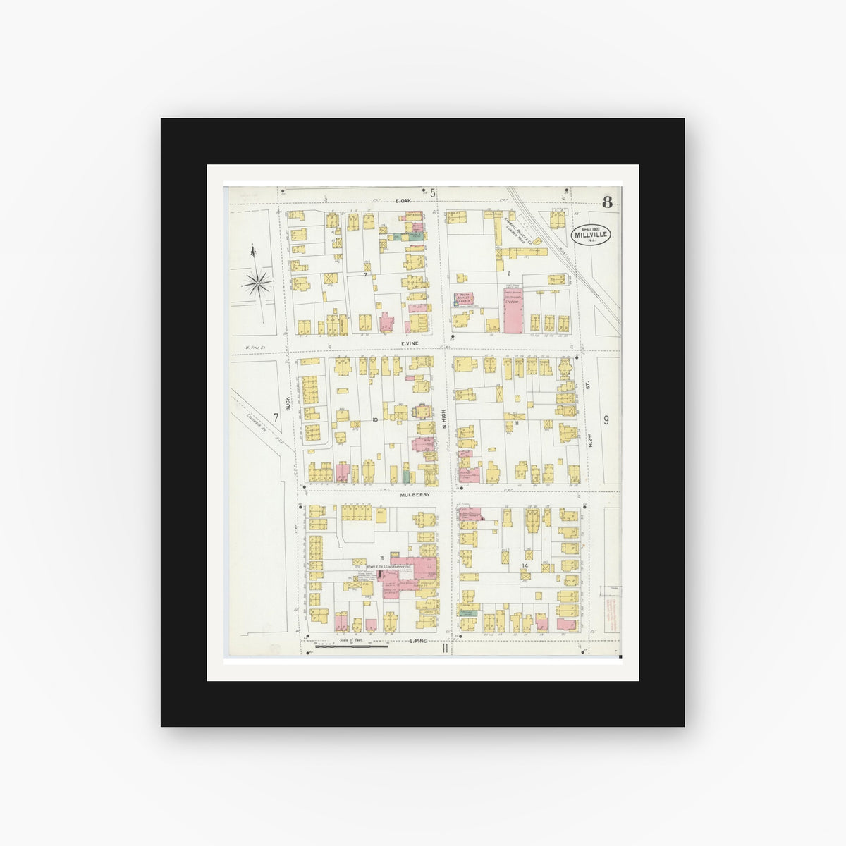 Old map wall art mockup — black gallery frame with white mat — Sanborn Fire Insurance Map from Millville, Cumberland County, New Jersey (1903), Sheet #0008