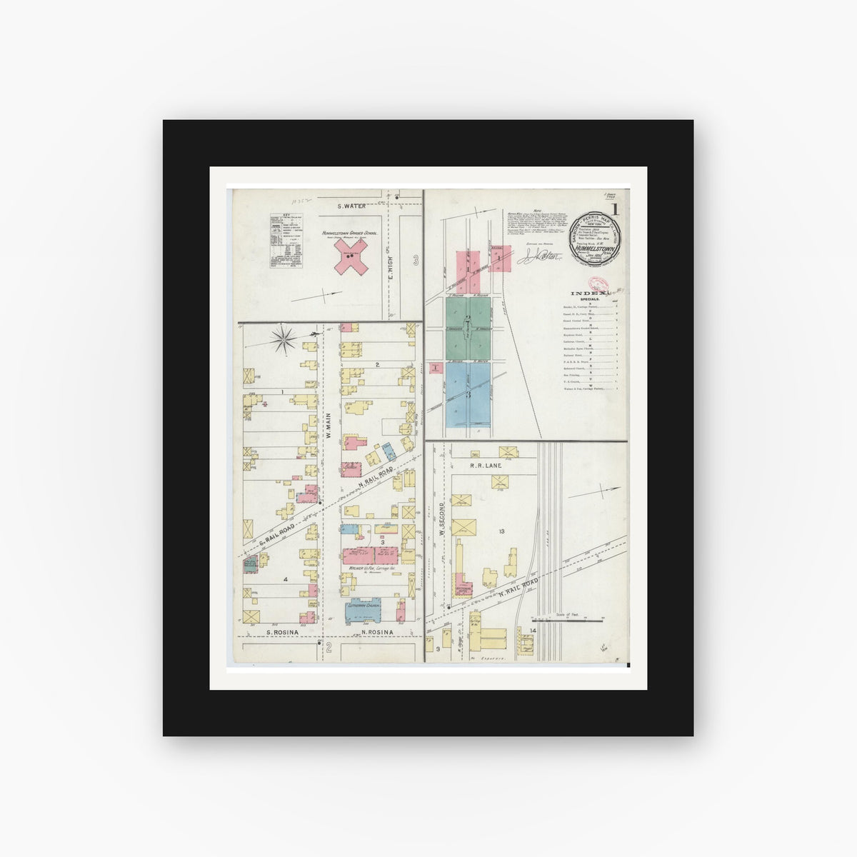 Old map wall art mockup — black gallery frame with white mat — Sanborn Fire Insurance Map from Hummelstown, Dauphin County, Pennsylvania (1895) - Complete Map Set