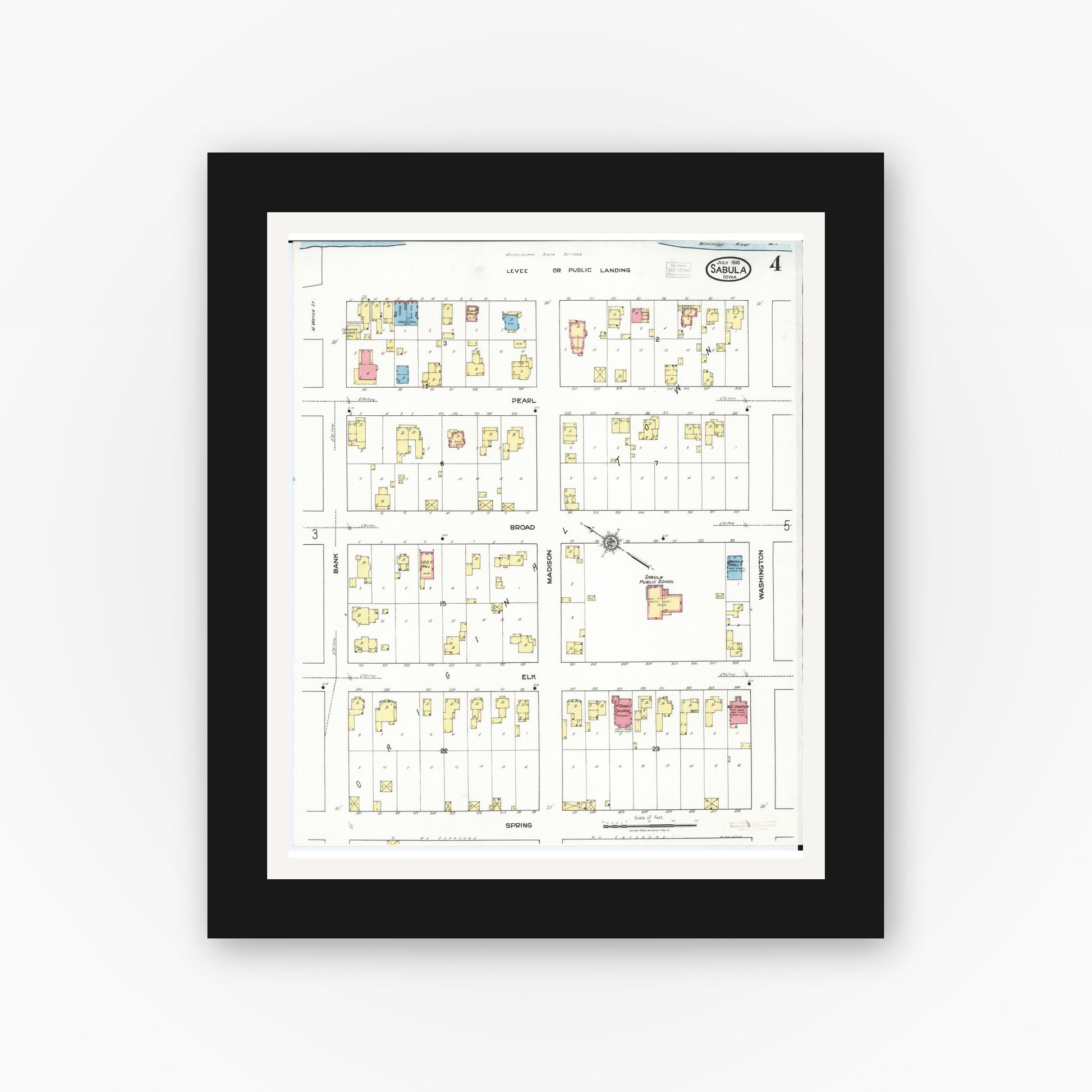 Old map wall art mockup — black gallery frame with white mat — Sanborn Fire Insurance Map from Sabula, Jackson County, Iowa (1918), Sheet #0004
