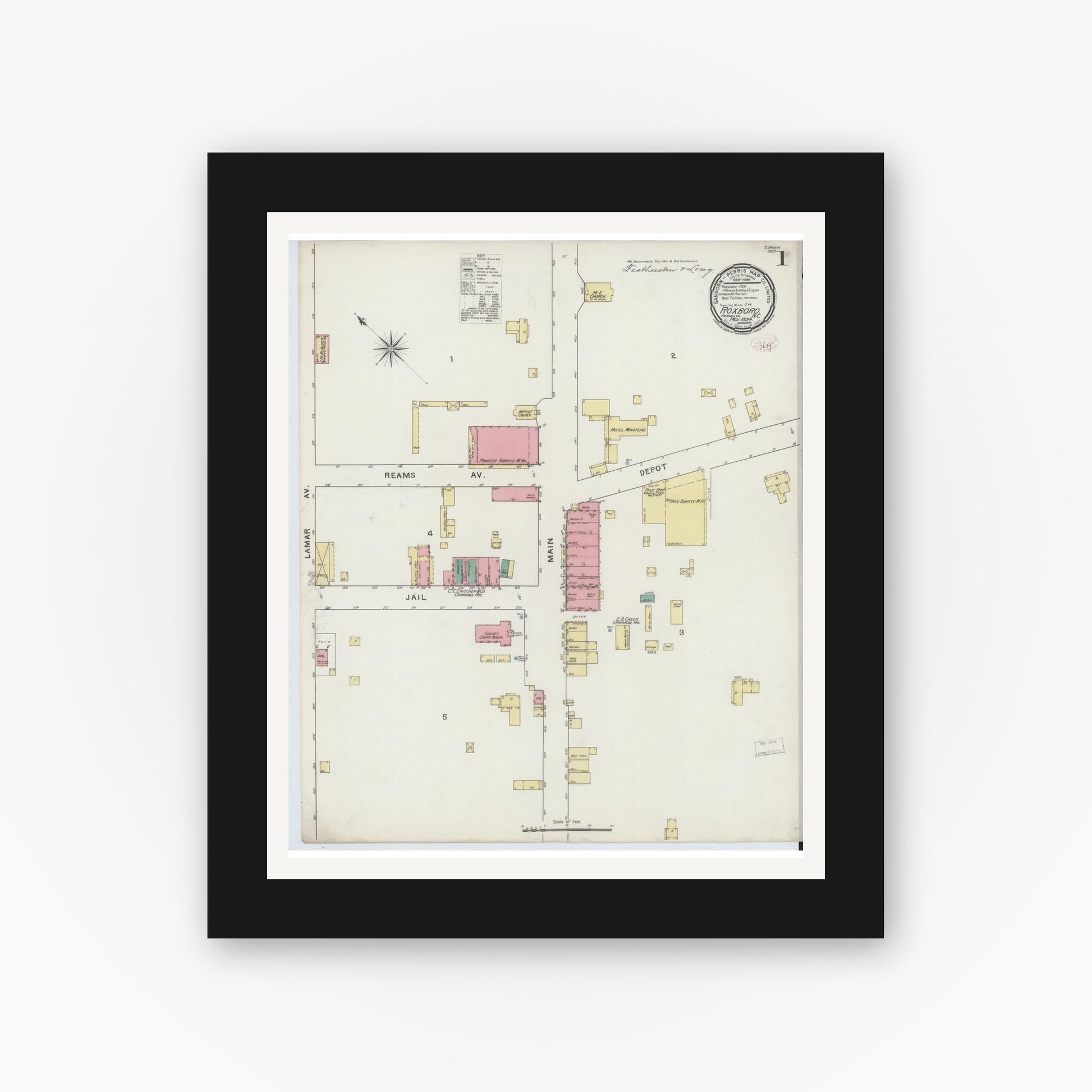 Old map wall art mockup — black gallery frame with white mat — Sanborn Fire Insurance Map from Roxboro, Person County, North Carolina (1894) - Complete Map Set