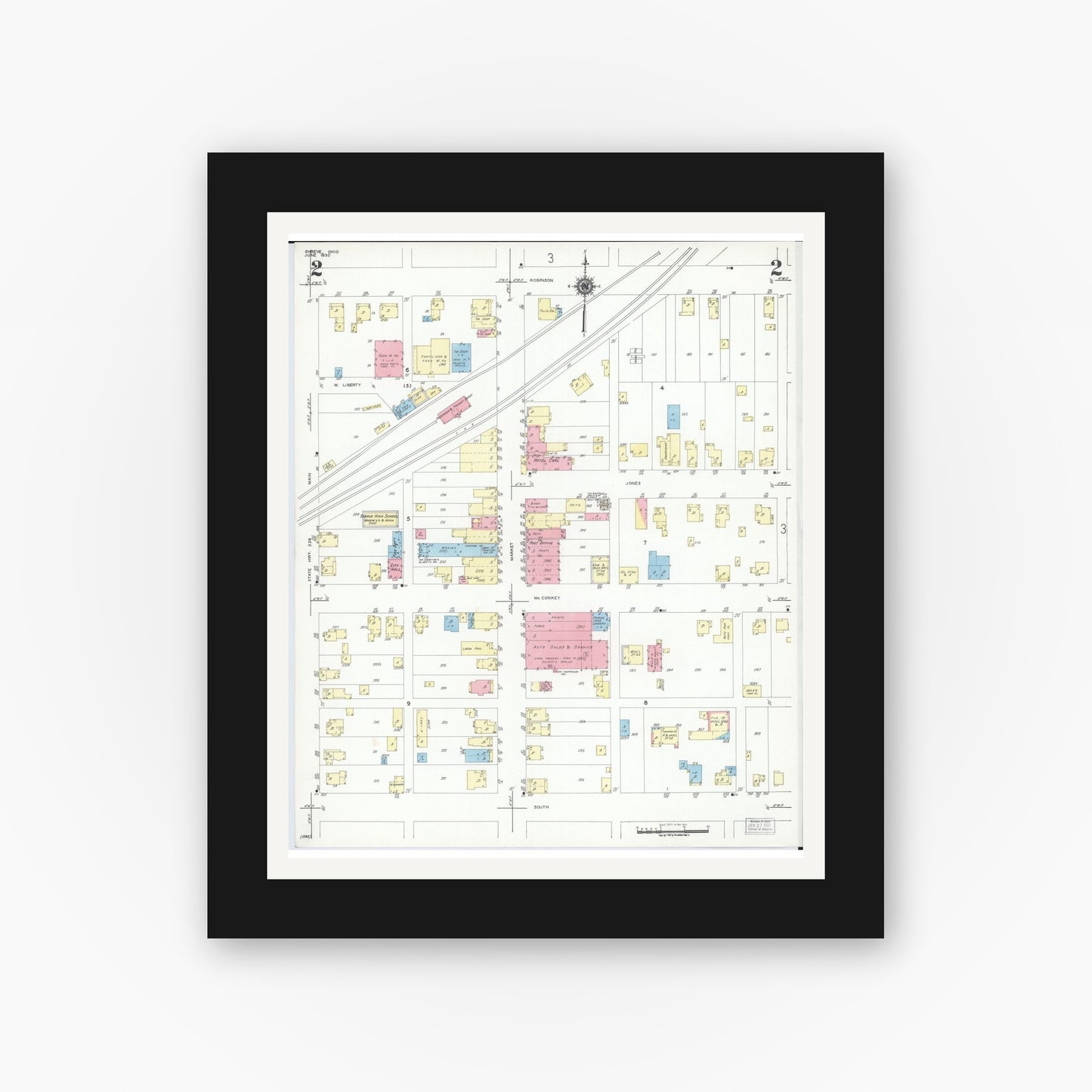 Old map wall art mockup — black gallery frame with white mat — Sanborn Fire Insurance Map from Shreve, Wayne County, Ohio (1950), Sheet #0002