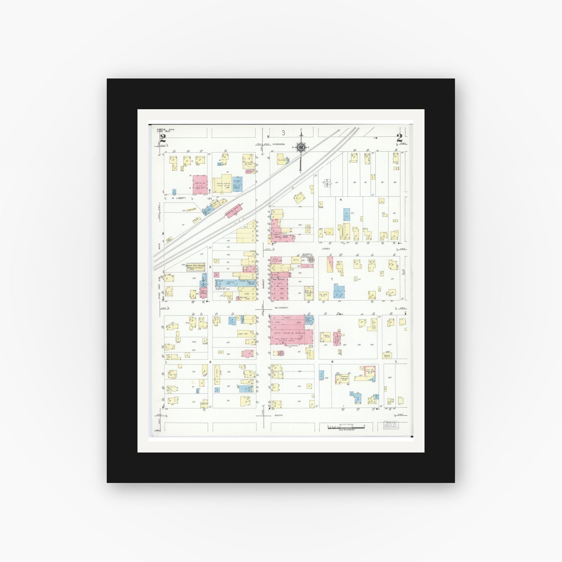 Old map wall art mockup — black gallery frame with white mat — Sanborn Fire Insurance Map from Shreve, Wayne County, Ohio (1950), Sheet #0002