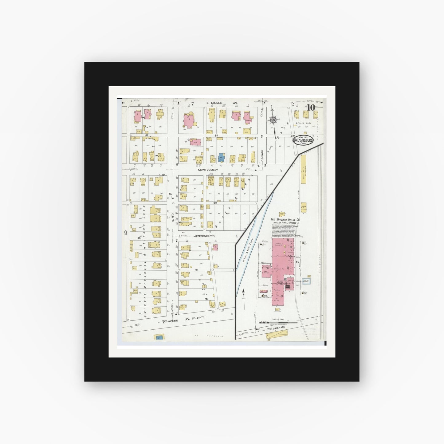 Old map wall art mockup — black gallery frame with white mat — Sanborn Fire Insurance Map from Miamisburg, Montgomery County, Ohio (1919), Sheet #0010