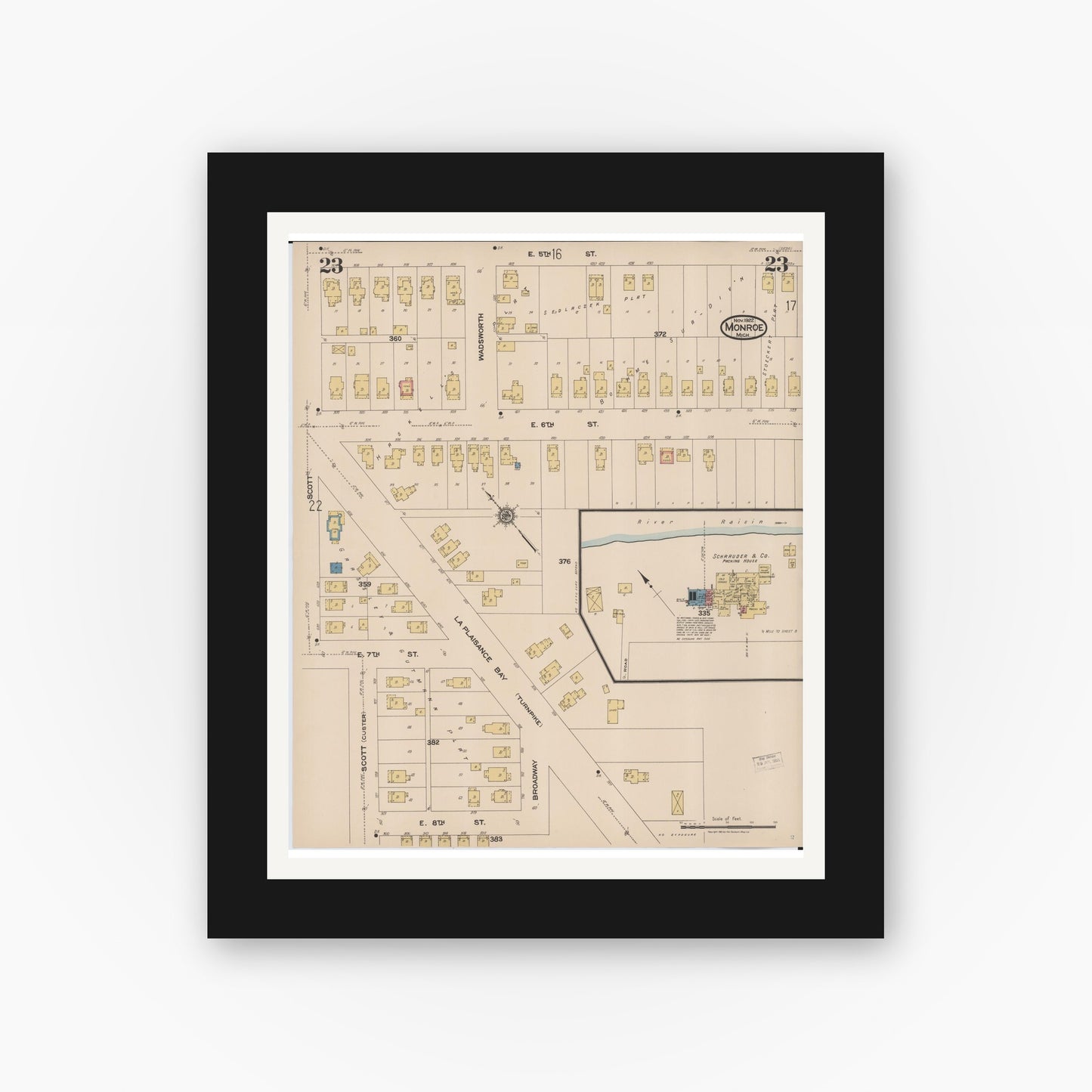 Old map wall art mockup — black gallery frame with white mat — Sanborn Fire Insurance Map from Monroe, Monroe County, Michigan (1922), Sheet #0023