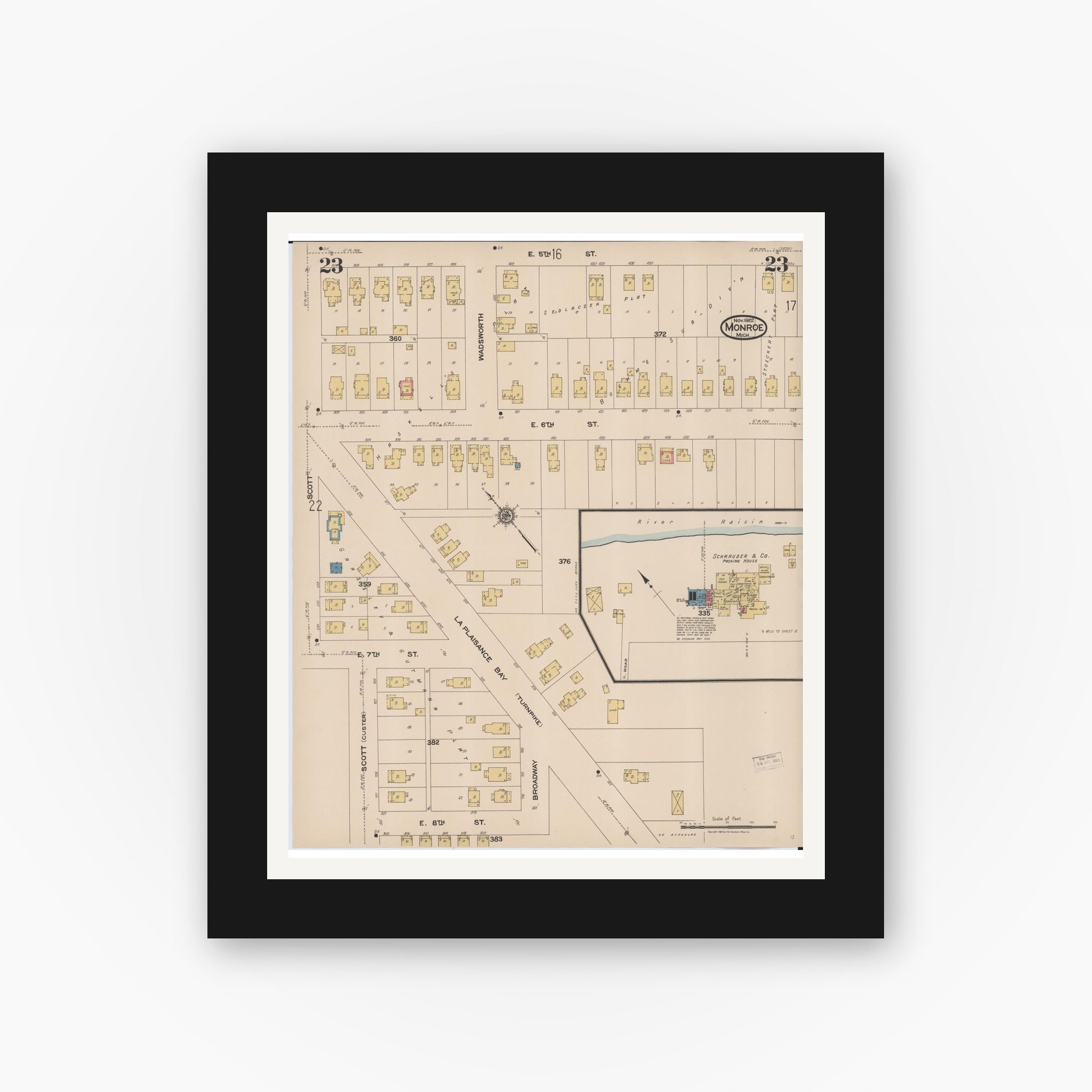 Old map wall art mockup — black gallery frame with white mat — Sanborn Fire Insurance Map from Monroe, Monroe County, Michigan (1922), Sheet #0023