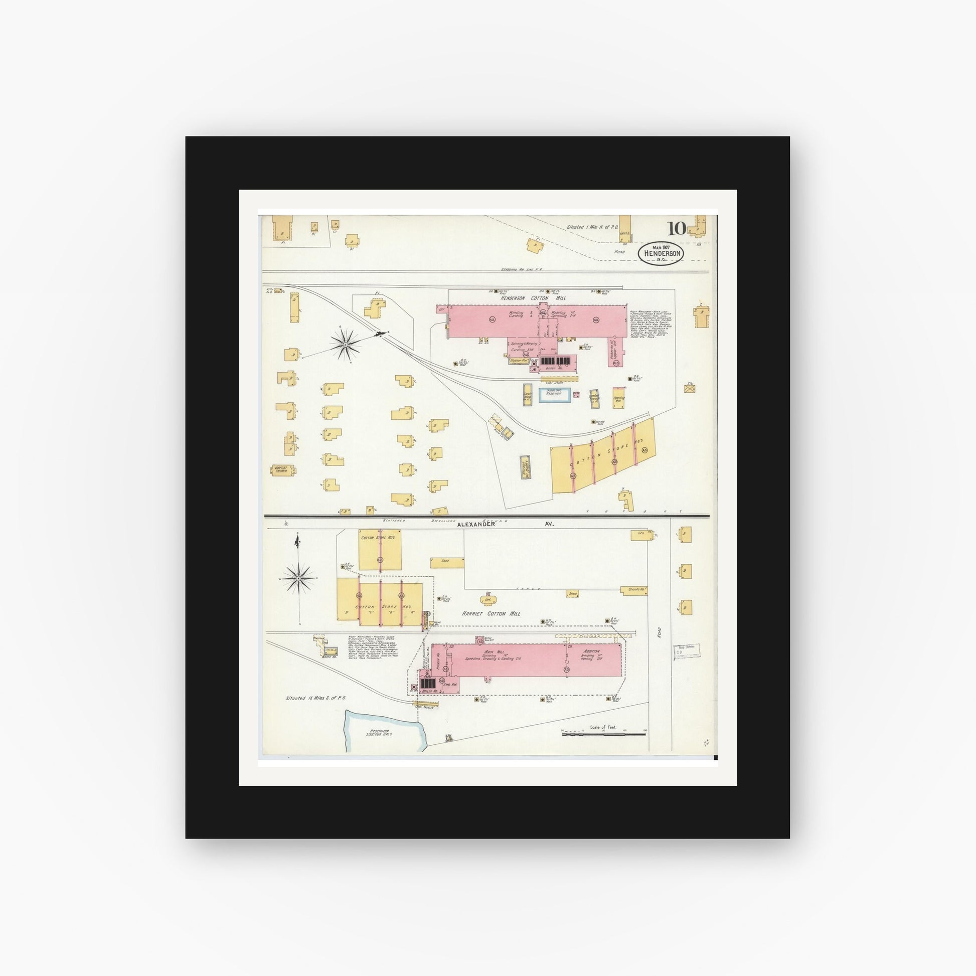 Old map wall art mockup — black gallery frame with white mat — Sanborn Fire Insurance Map from Henderson, Vance County, North Carolina (1907), Sheet #0010