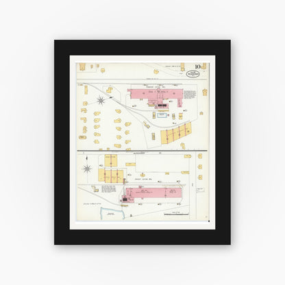 Old map wall art mockup — black gallery frame with white mat — Sanborn Fire Insurance Map from Henderson, Vance County, North Carolina (1907), Sheet #0010