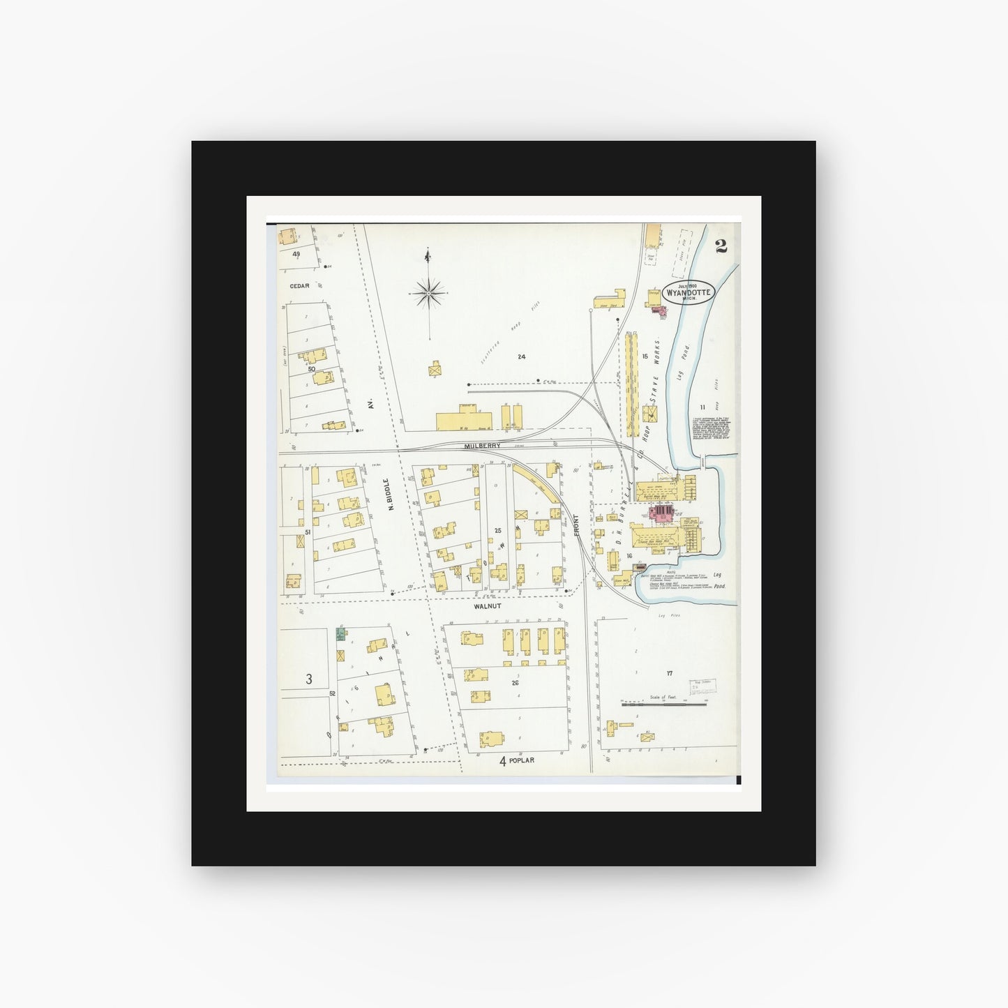 Old map wall art mockup — black gallery frame with white mat — Sanborn Fire Insurance Map from Wyandotte, Wayne County, Michigan (1900), Sheet #0002