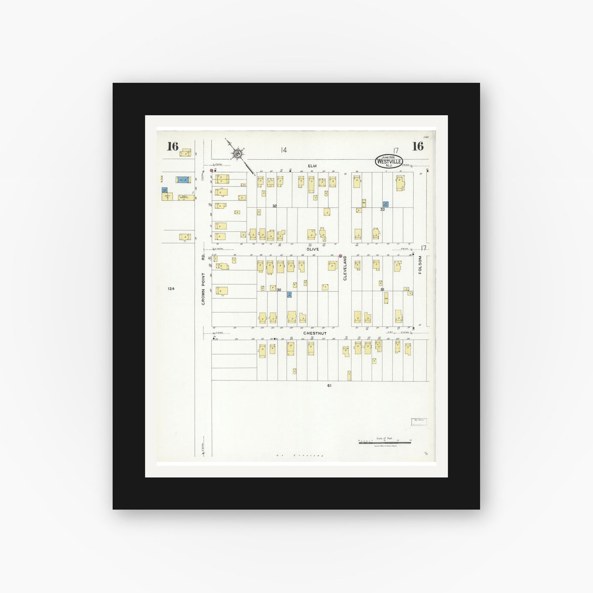 Old map wall art mockup — black gallery frame with white mat — Sanborn Fire Insurance Map from Westville, Gloucester County, New Jersey (1926), Sheet #0016