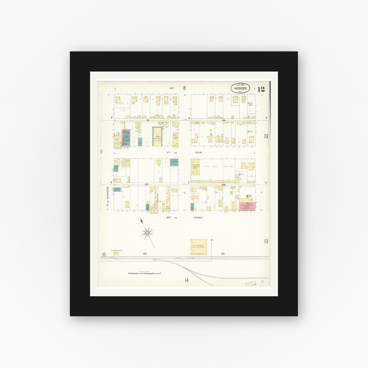 Old map wall art mockup — black gallery frame with white mat — Sanborn Fire Insurance Map from Merced, Merced County, California (1898), Sheet #0012
