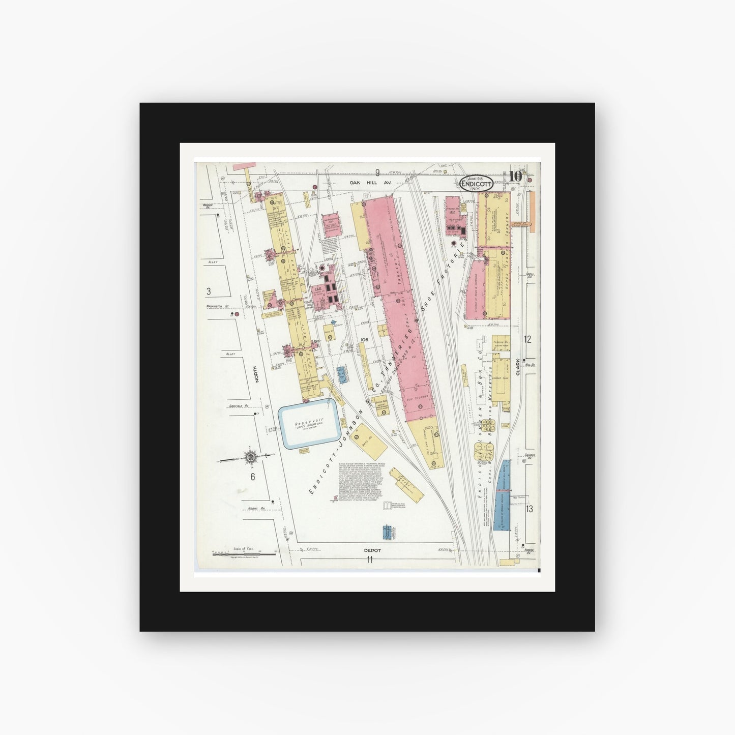 Old map wall art mockup — black gallery frame with white mat — Sanborn Fire Insurance Map from Endicott, Broome County, New York (1918), Sheet #0010