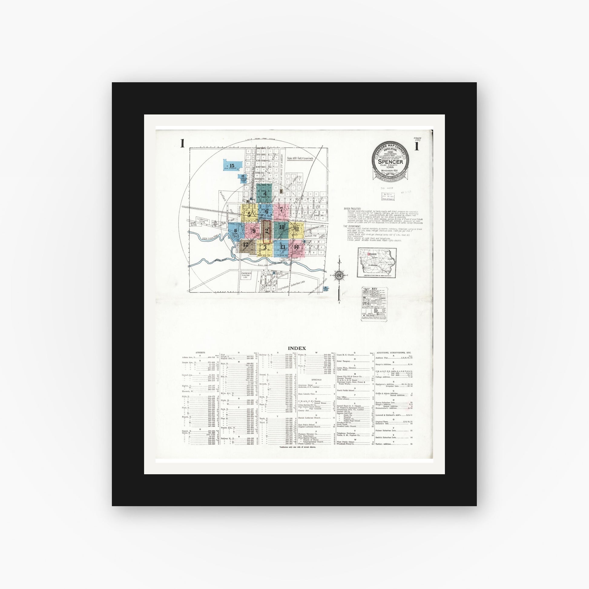 Old map wall art mockup — black gallery frame with white mat — Sanborn Fire Insurance Map from Spencer, Clay County, Iowa (1924) â€” Complete Set