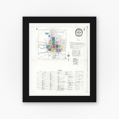 Old map wall art mockup — black gallery frame with white mat — Sanborn Fire Insurance Map from Spencer, Clay County, Iowa (1924) â€” Complete Set