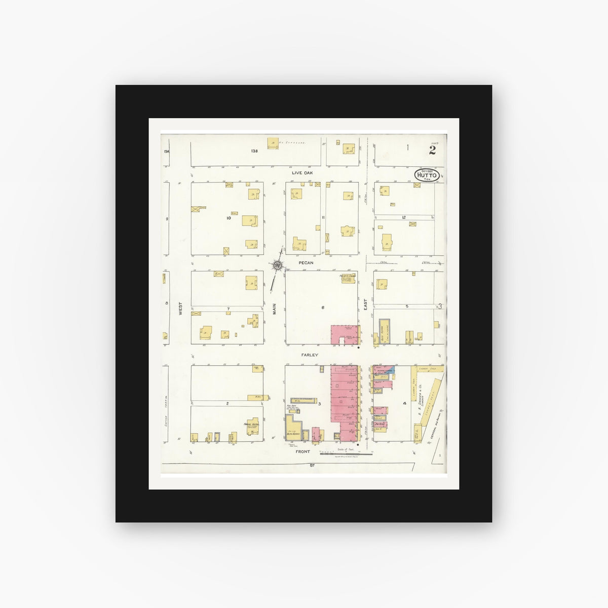 Old map wall art mockup — black gallery frame with white mat — Sanborn Fire Insurance Map from Hutto, Williamson County, Texas (1921), Sheet #0002