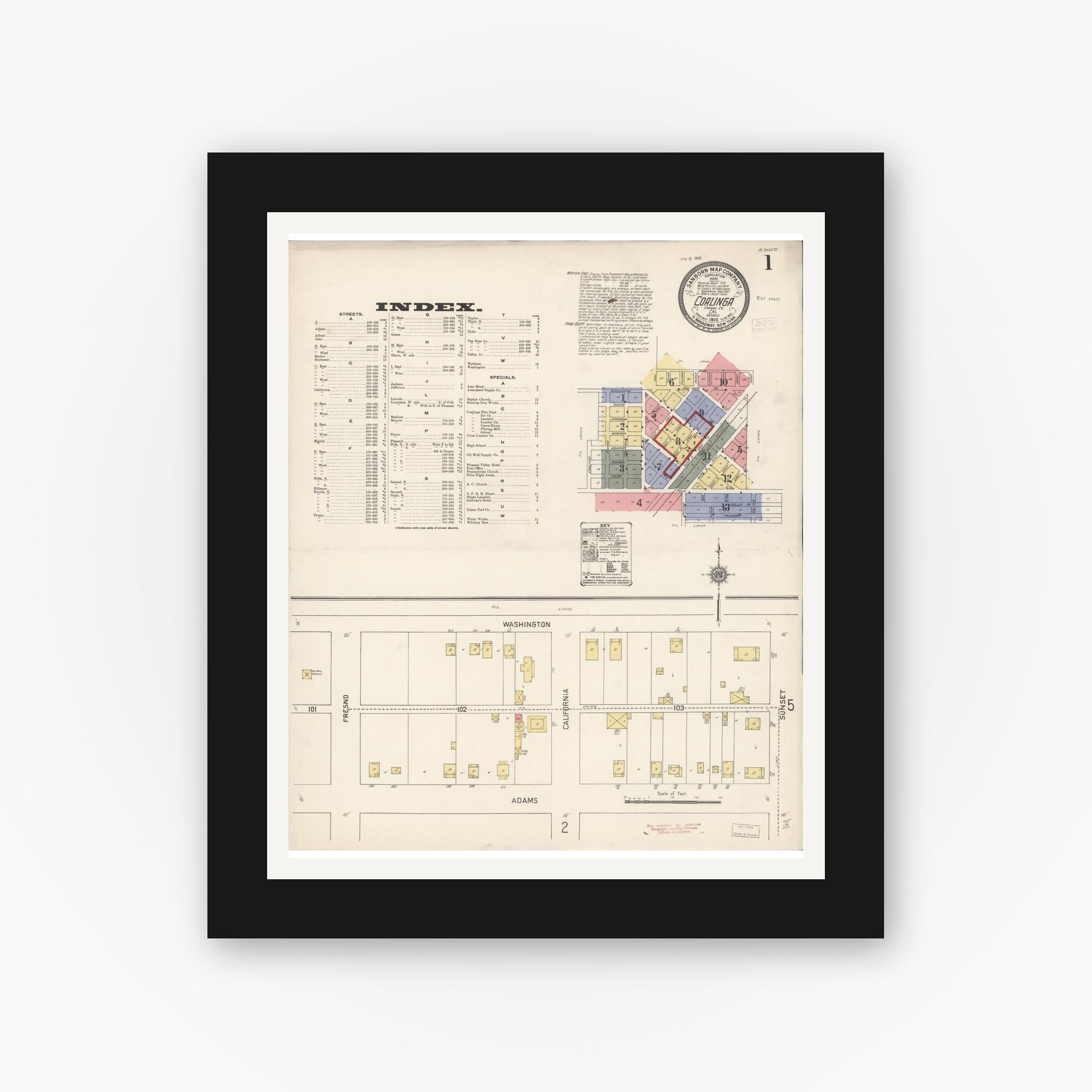 Old map wall art mockup — black gallery frame with white mat — Sanborn Fire Insurance Map from Coalinga, Fresno County, California (1910), Sheet #0001