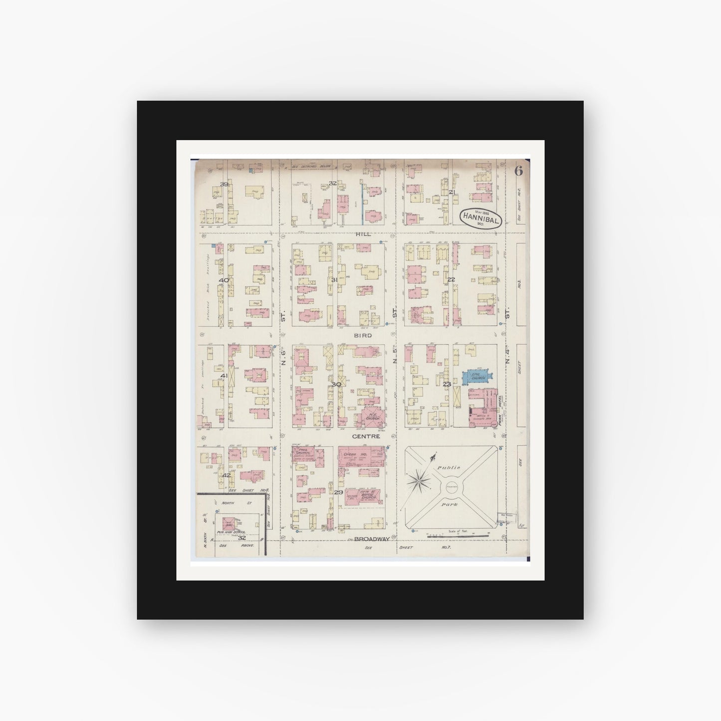Old map wall art mockup — black gallery frame with white mat — Sanborn Fire Insurance Map from Hannibal, Marion County, Missouri (1885), Sheet #0006