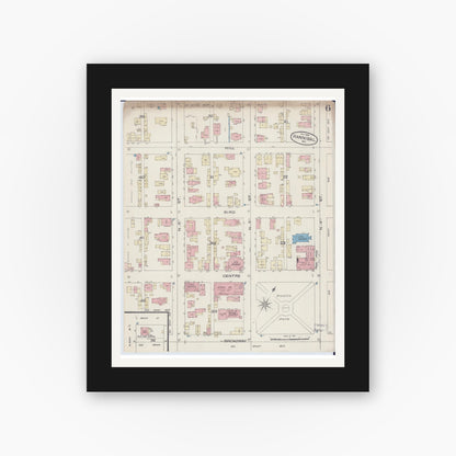 Old map wall art mockup — black gallery frame with white mat — Sanborn Fire Insurance Map from Hannibal, Marion County, Missouri (1885), Sheet #0006