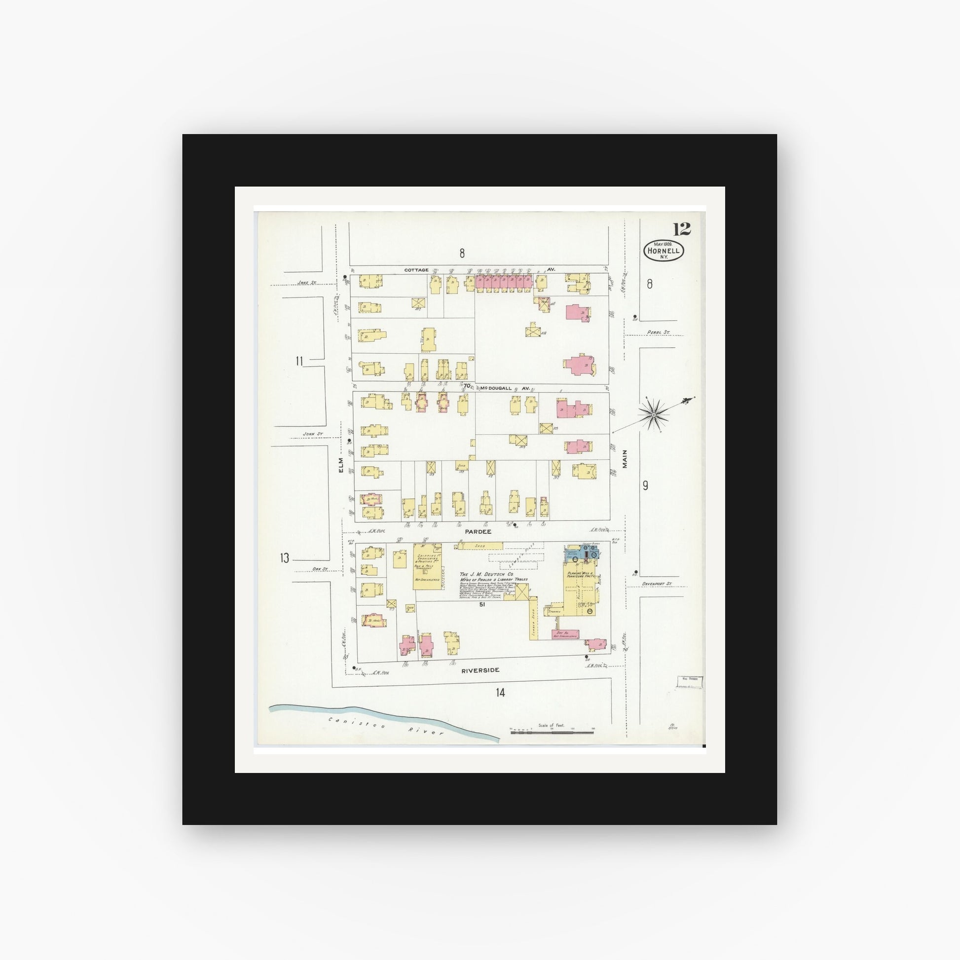 Old map wall art mockup — black gallery frame with white mat — Sanborn Fire Insurance Map from Hornell, Steuben County, New York (1909), Sheet #0012