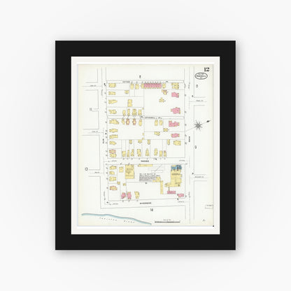 Old map wall art mockup — black gallery frame with white mat — Sanborn Fire Insurance Map from Hornell, Steuben County, New York (1909), Sheet #0012