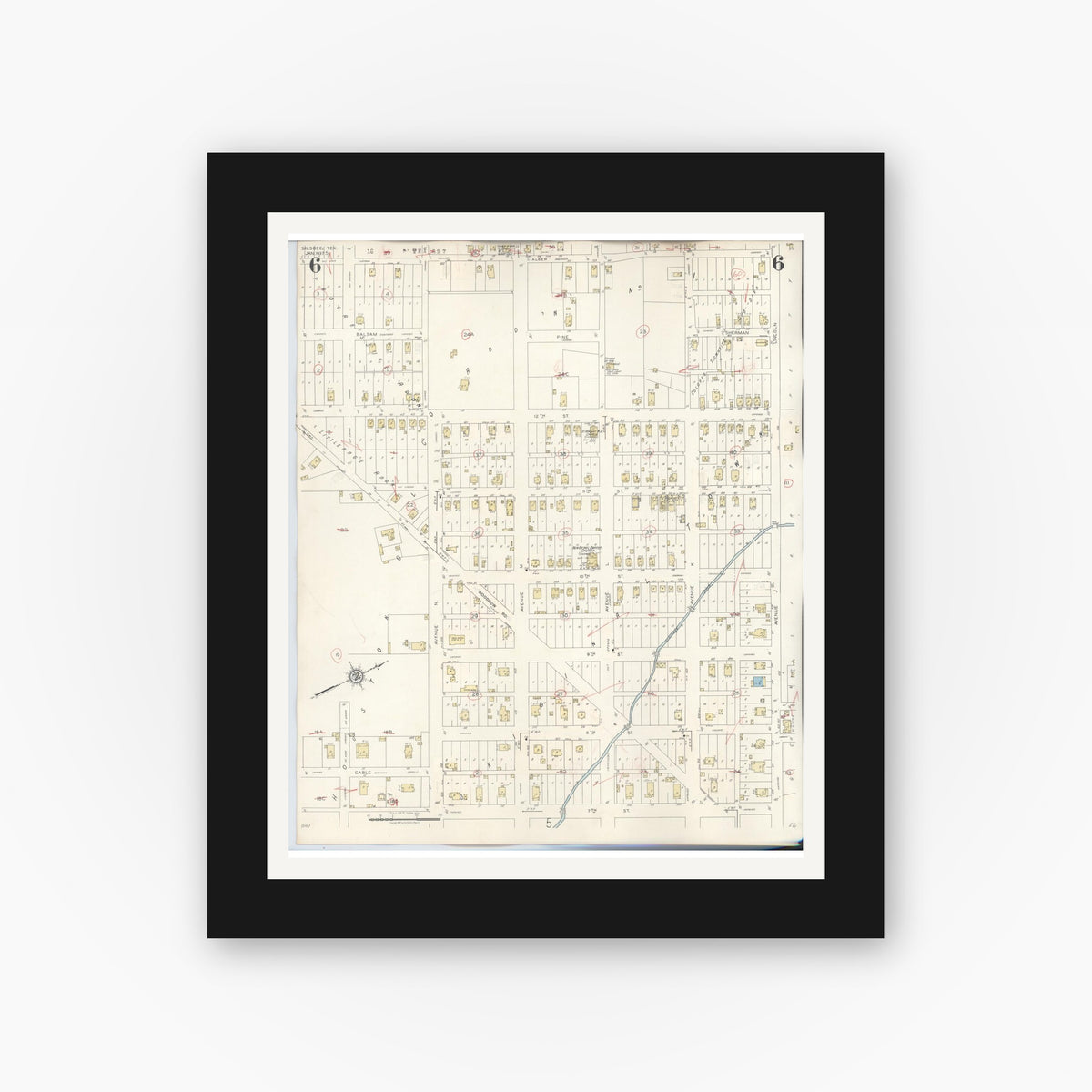 Old map wall art mockup — black gallery frame with white mat — Sanborn Fire Insurance Map from Silsbee, Hardin County, Texas (1942), Sheet #0006