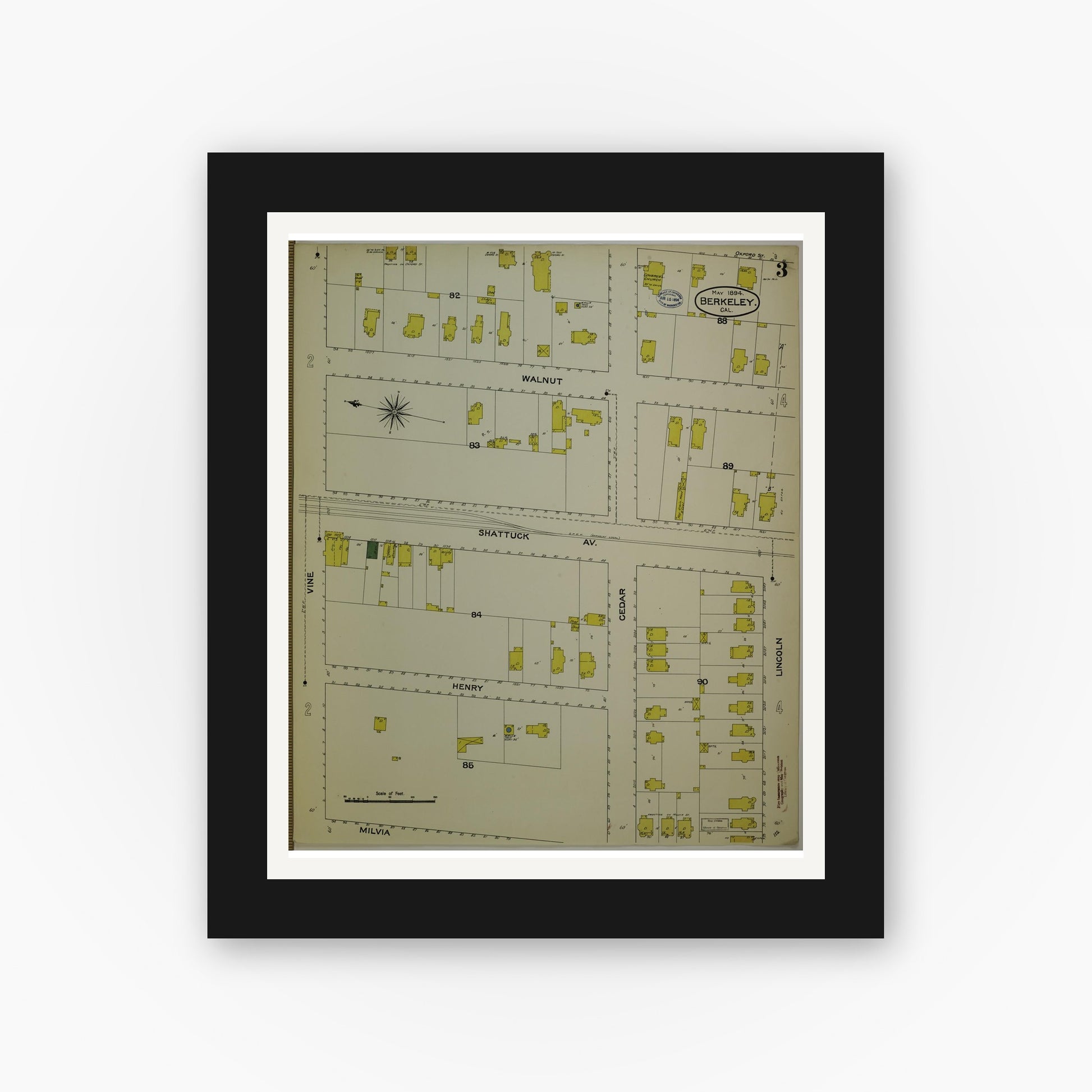 Old map wall art mockup — black gallery frame with white mat — Sanborn Fire Insurance Map from Berkeley, Alameda County, California (1894), Sheet #0003