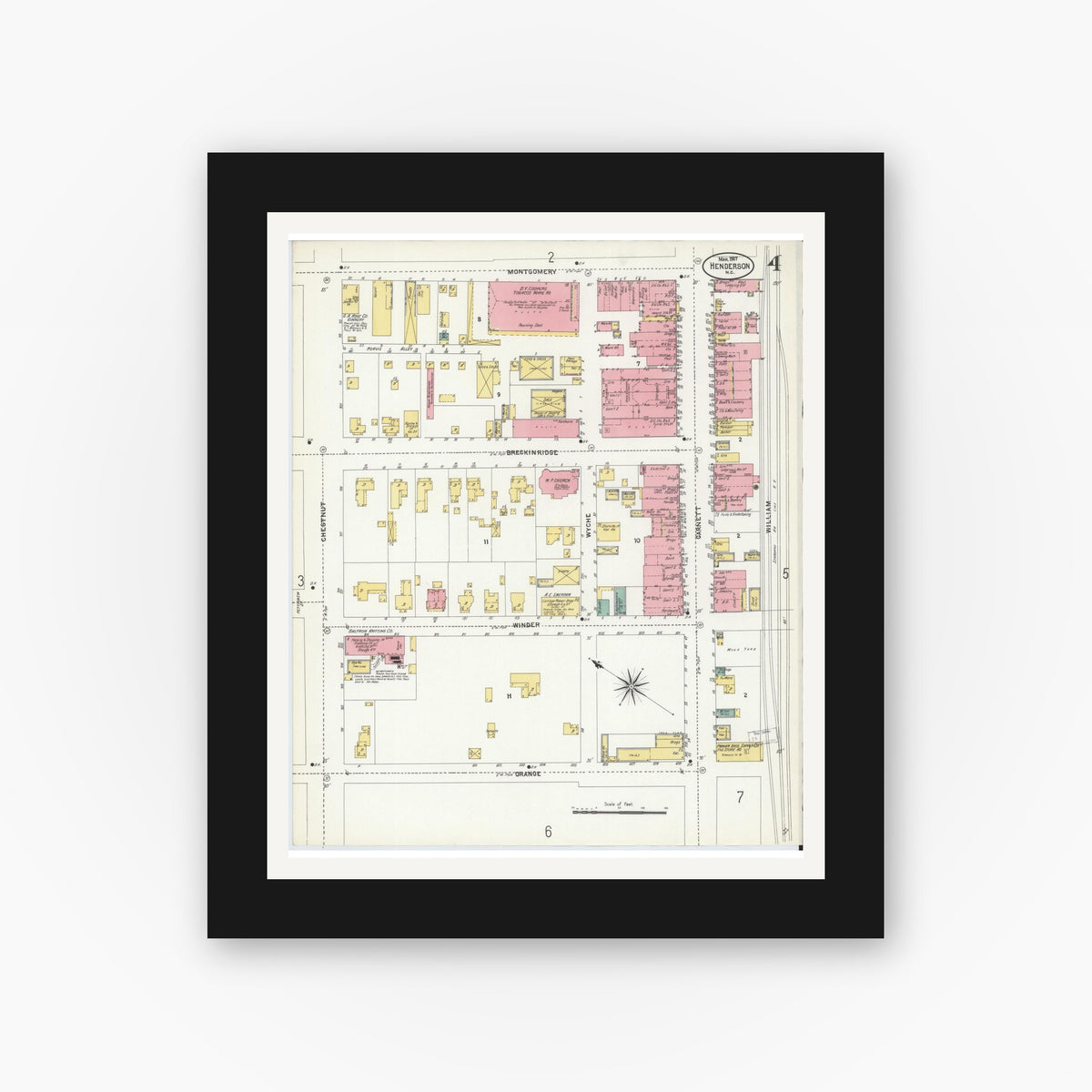 Old map wall art mockup — black gallery frame with white mat — Sanborn Fire Insurance Map from Henderson, Vance County, North Carolina (1907), Sheet #0004