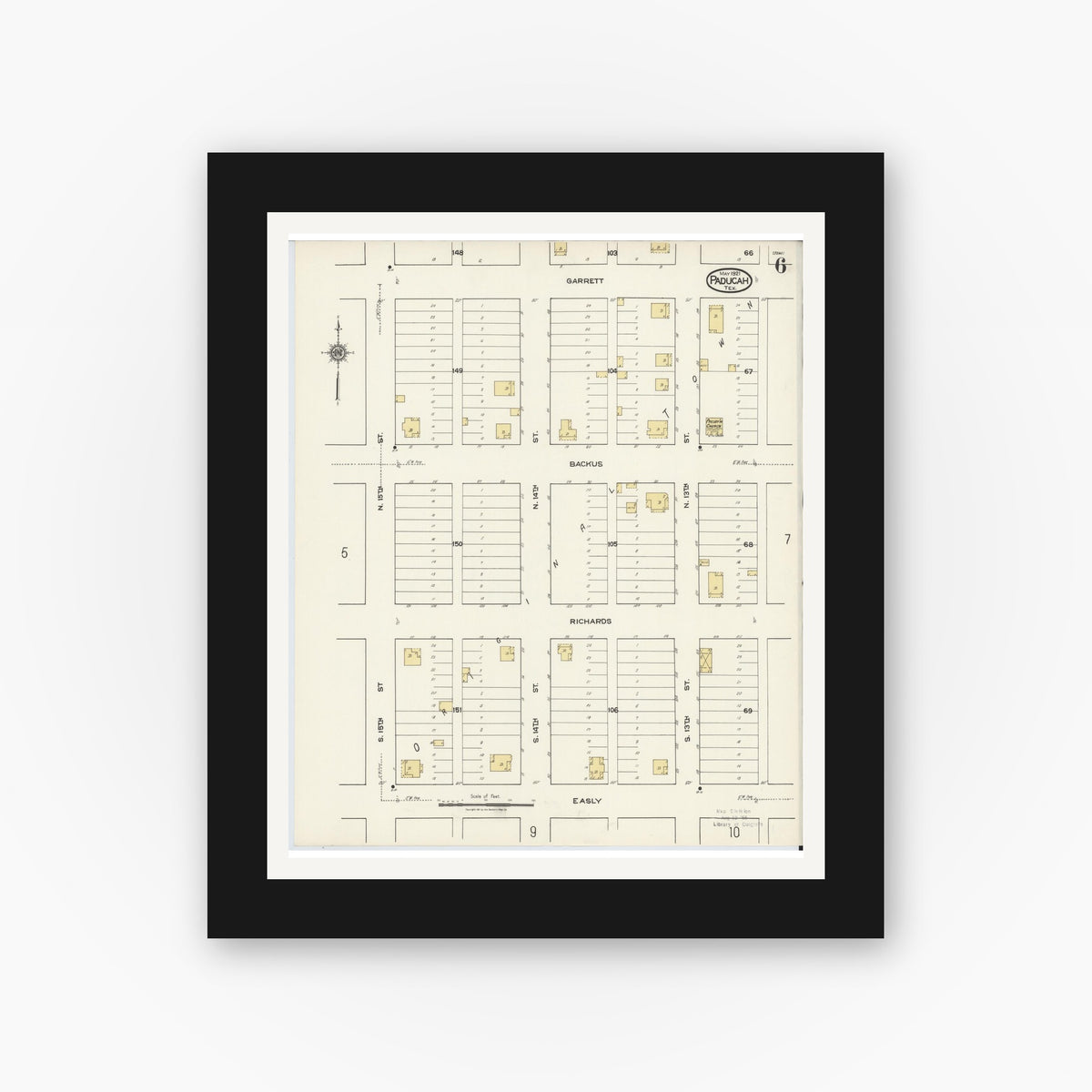 Old map wall art mockup — black gallery frame with white mat — Sanborn Fire Insurance Map from Paducah, Cottle County, Texas (1921), Sheet #0006