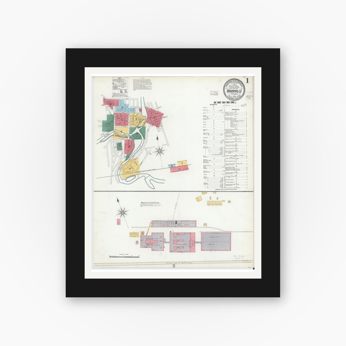 Old map wall art mockup — black gallery frame with white mat — Sanborn Fire Insurance Map from Brookville, Jefferson County, Pennsylvania (1904), Sheet #0001