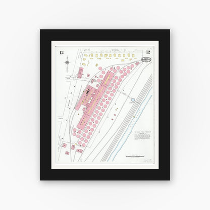 Old map wall art mockup — black gallery frame with white mat — Sanborn Fire Insurance Map from Barberton, Summit County, Ohio (1927), Sheet #0012