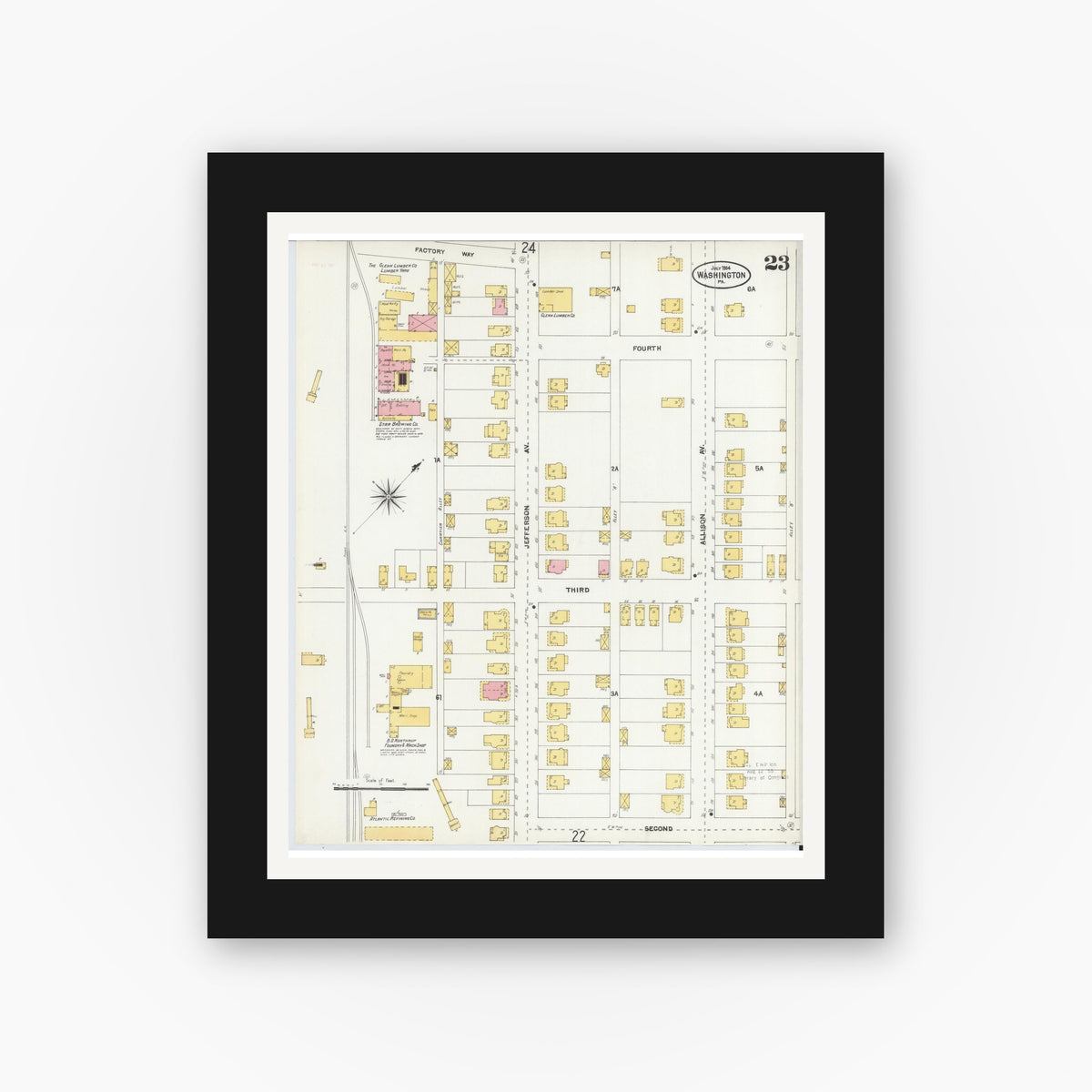 Old map wall art mockup — black gallery frame with white mat — Sanborn Fire Insurance Map from Washington, Washington County, Pennsylvania (1904), Sheet #0023