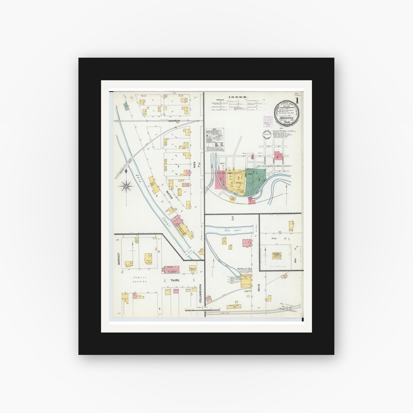 Old map wall art mockup — black gallery frame with white mat — Sanborn Fire Insurance Map from Navarre, Stark County, Ohio (1901), Sheet #0001
