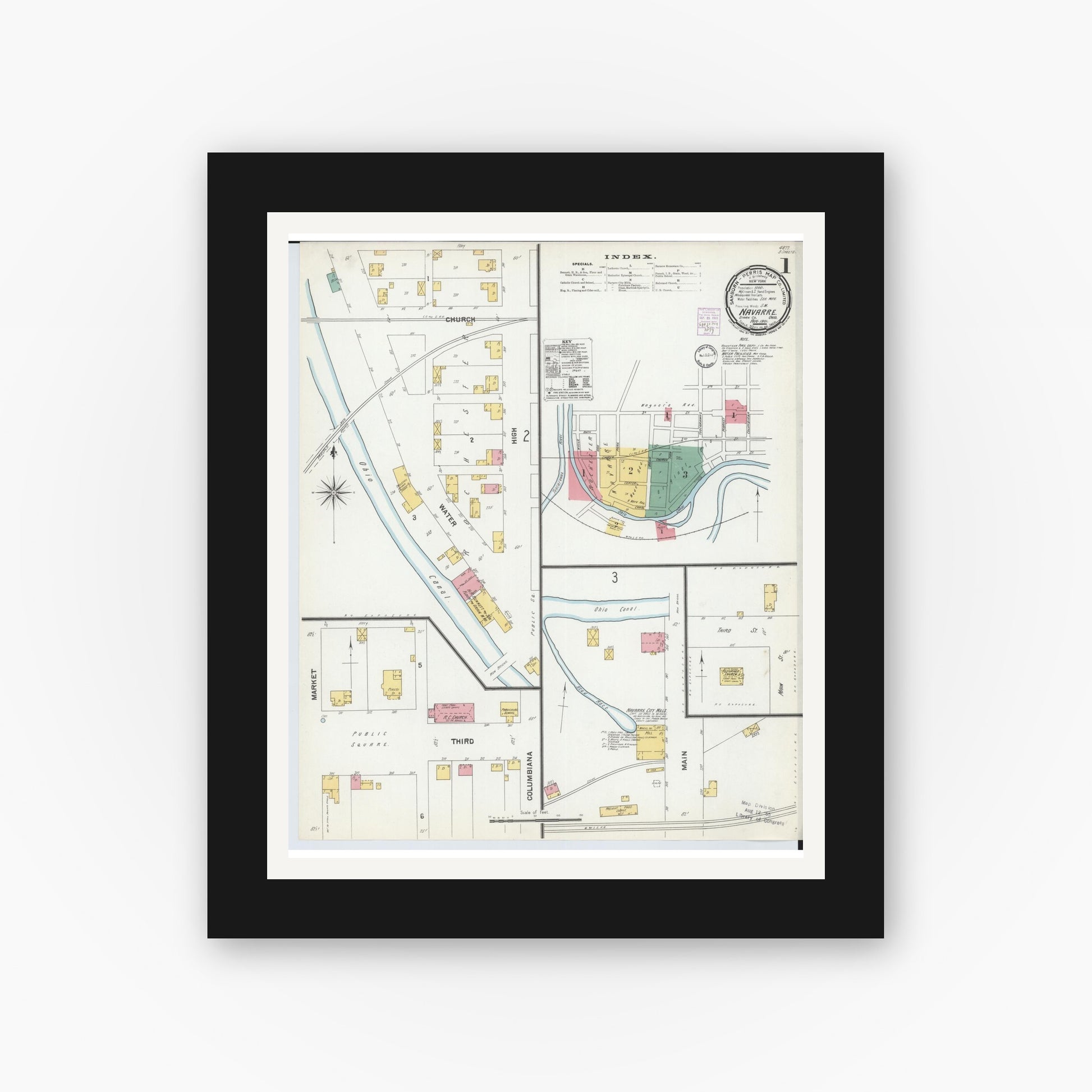 Old map wall art mockup — black gallery frame with white mat — Sanborn Fire Insurance Map from Navarre, Stark County, Ohio (1901), Sheet #0001