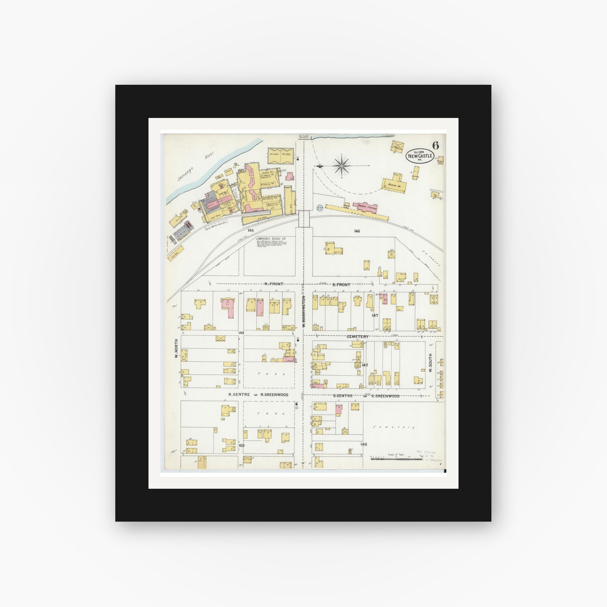 Old map wall art mockup — black gallery frame with white mat — Sanborn Fire Insurance Map from New Castle, Lawrence County, Pennsylvania (1899), Sheet #0006