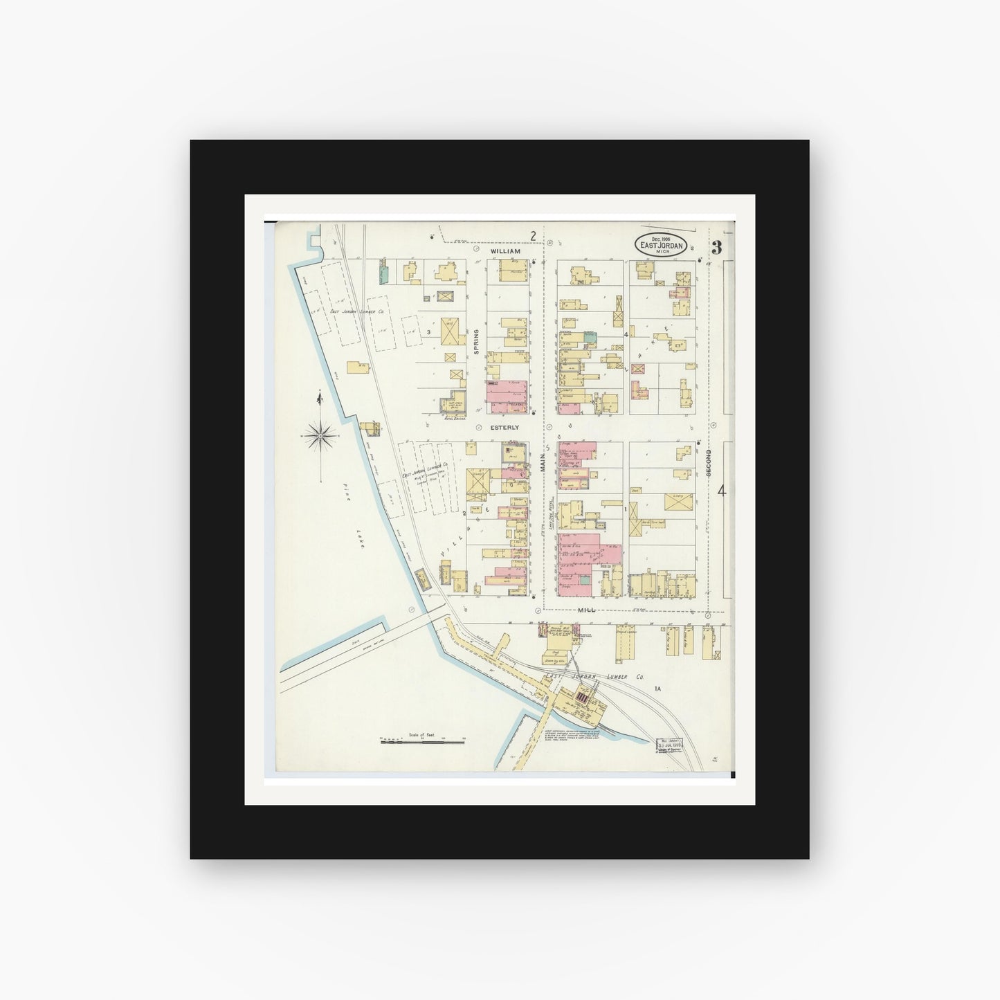 Old map wall art mockup — black gallery frame with white mat — Sanborn Fire Insurance Map from East Jordan, Charlevoix County, Michigan (1905), Sheet #0003