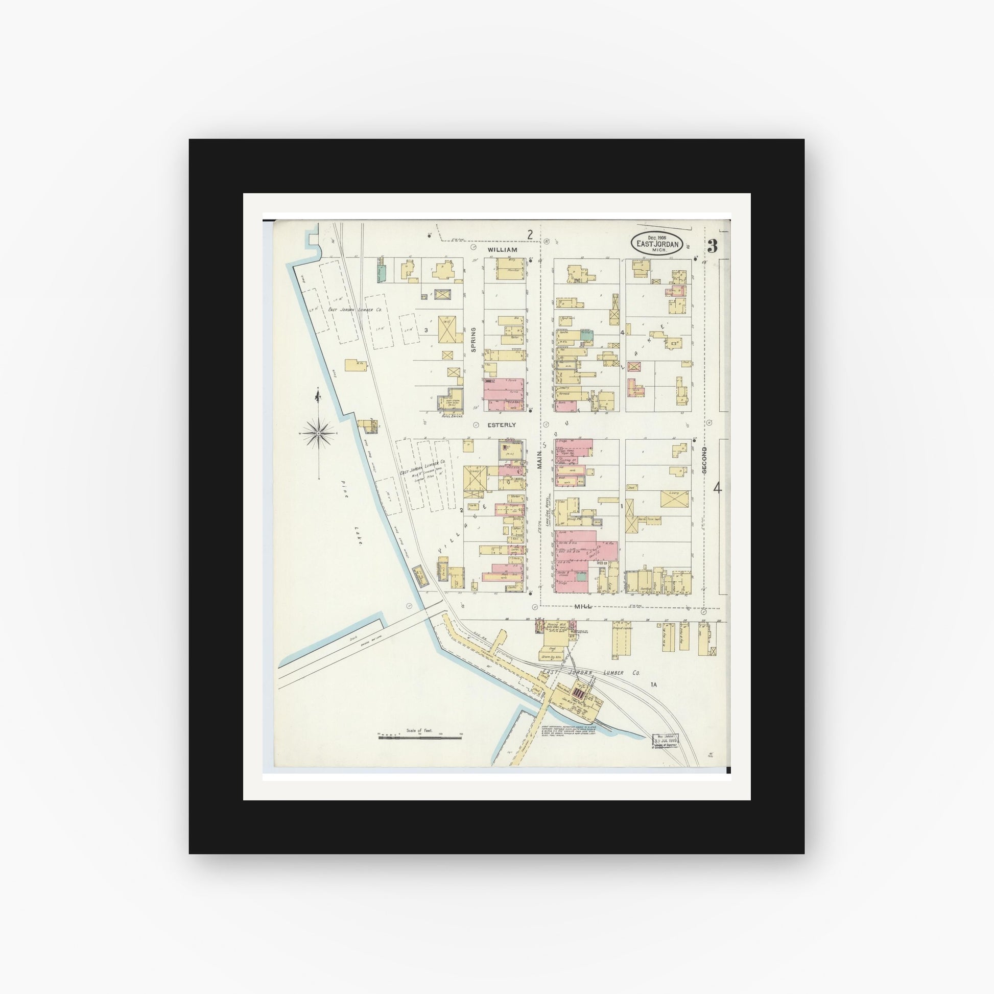 Old map wall art mockup — black gallery frame with white mat — Sanborn Fire Insurance Map from East Jordan, Charlevoix County, Michigan (1905), Sheet #0003