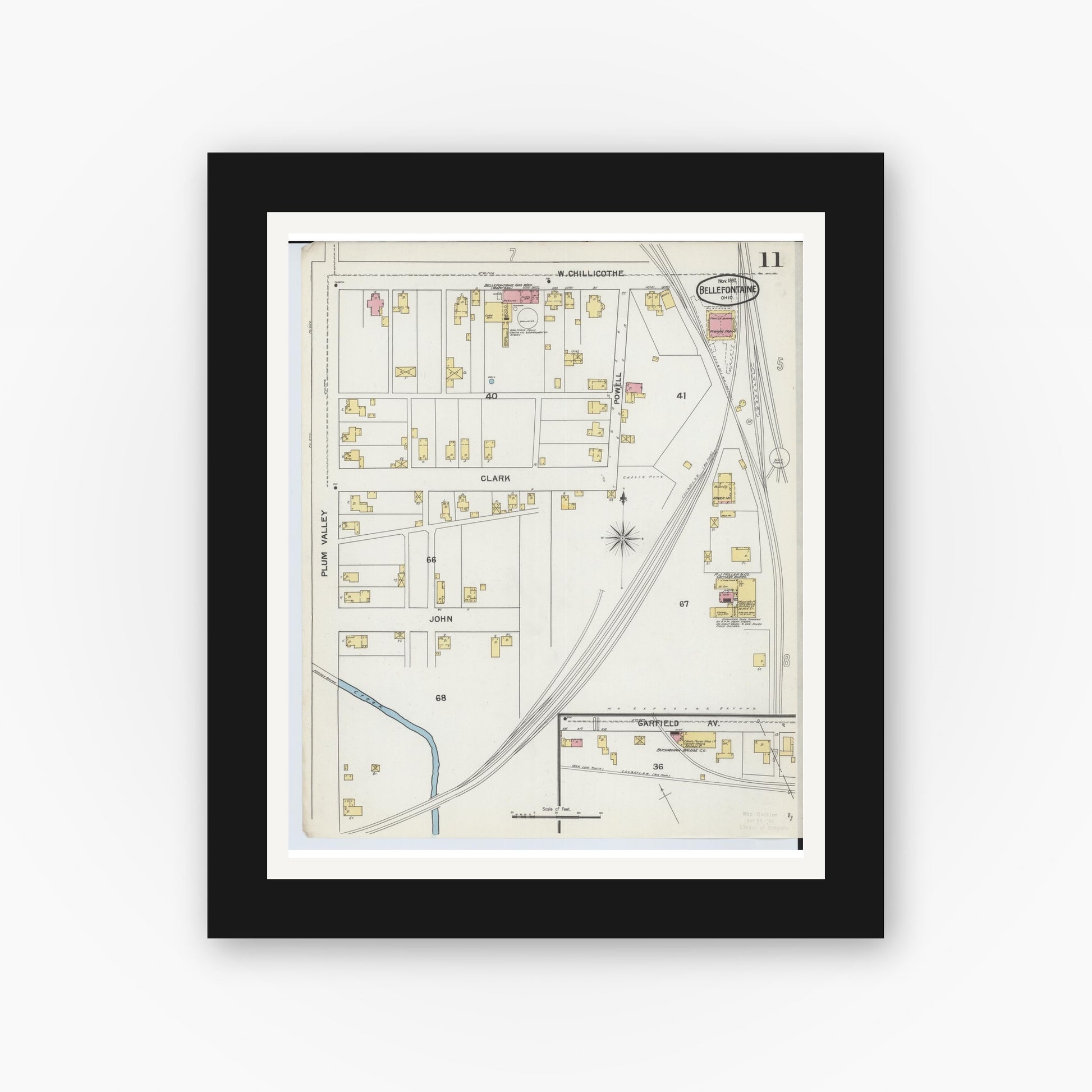 Old map wall art mockup — black gallery frame with white mat — Sanborn Fire Insurance Map from Bellefontaine, Logan County, Ohio (1892), Sheet #0011