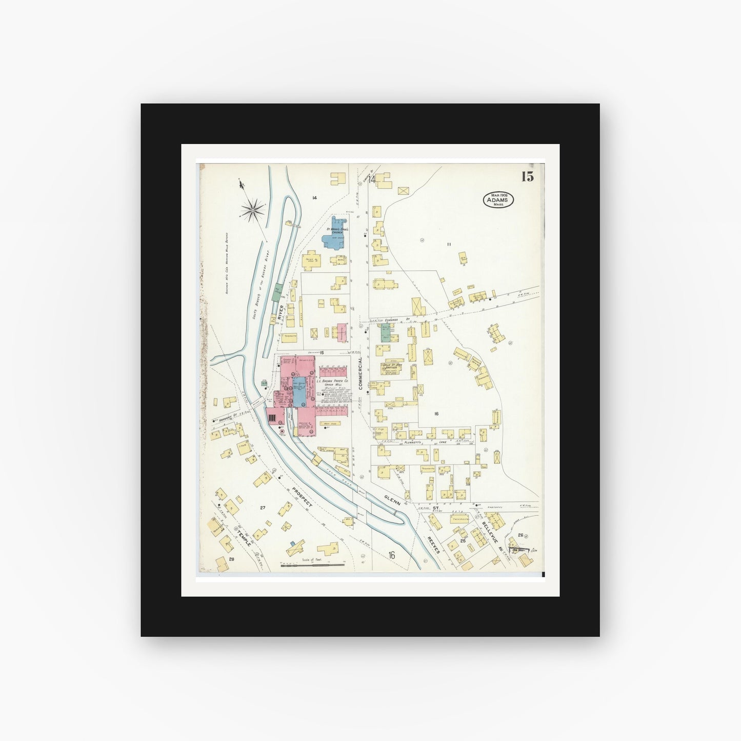 Old map wall art mockup — black gallery frame with white mat — Sanborn Fire Insurance Map from Adams, Berkshire County, Massachusetts (1908), Sheet #0015
