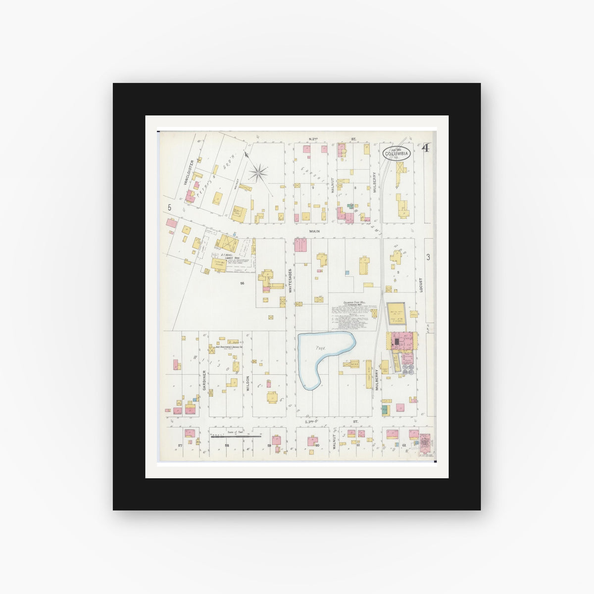 Old map wall art mockup — black gallery frame with white mat — Sanborn Fire Insurance Map from Columbia, Monroe County, Illinois (1906), Sheet #0004
