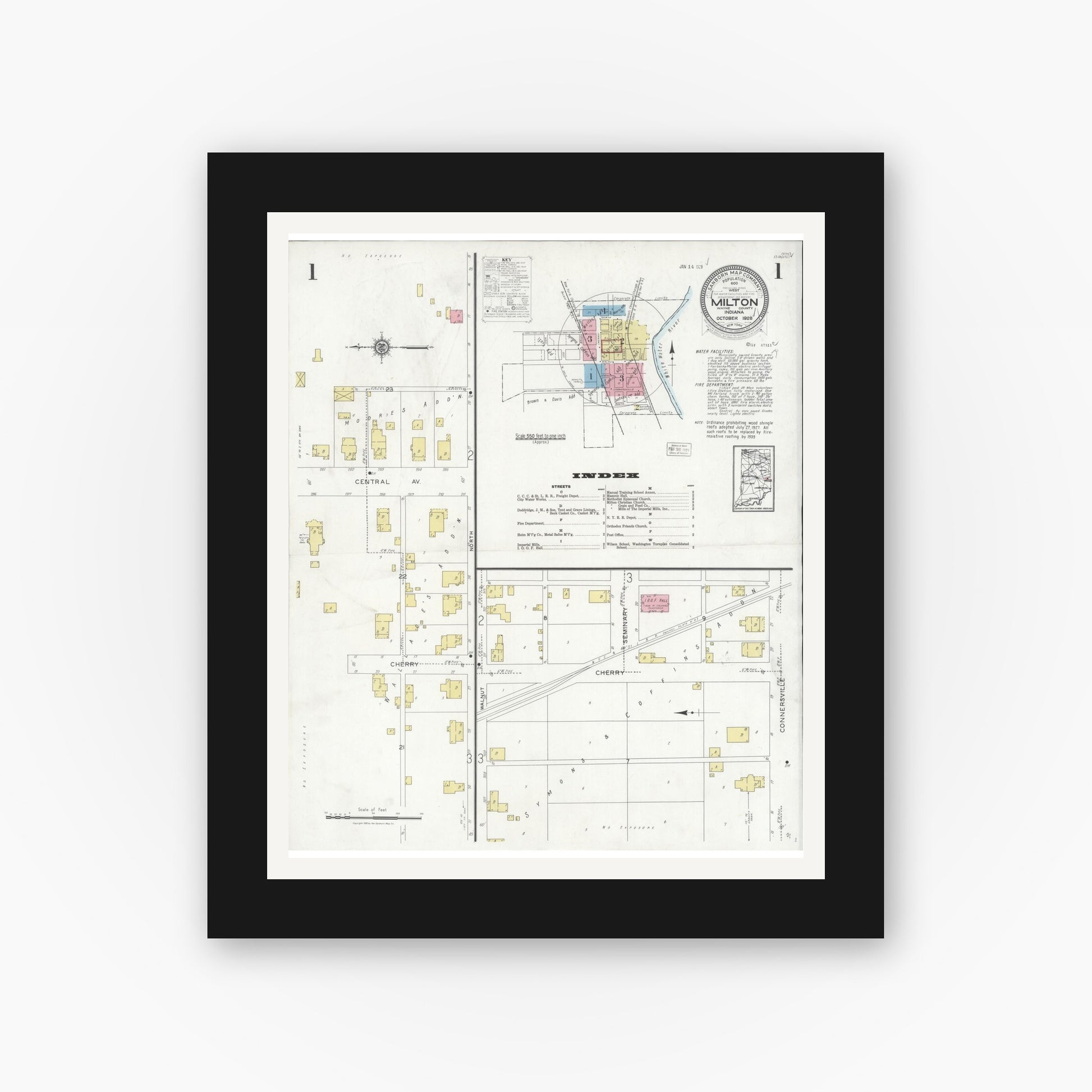 Old map wall art mockup — black gallery frame with white mat — Sanborn Fire Insurance Map from Milton, Wayne County, Indiana (1928), Sheet #0001